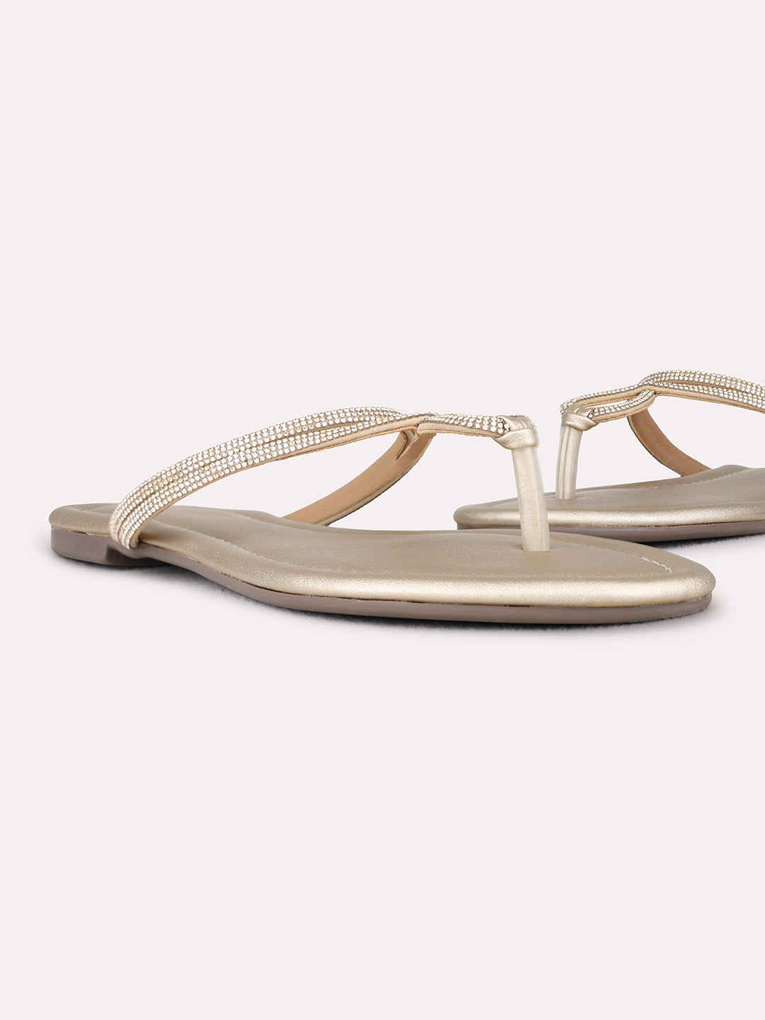 Womens Golden Ethnic Embellished Pattern T-Strap Flats