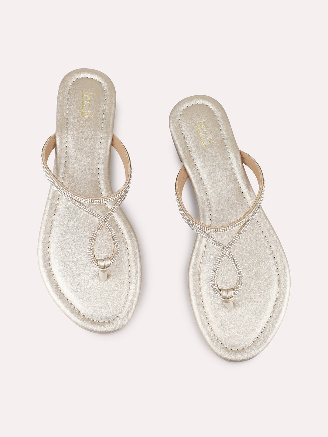 Womens Golden Ethnic Embellished Pattern T-Strap Flats