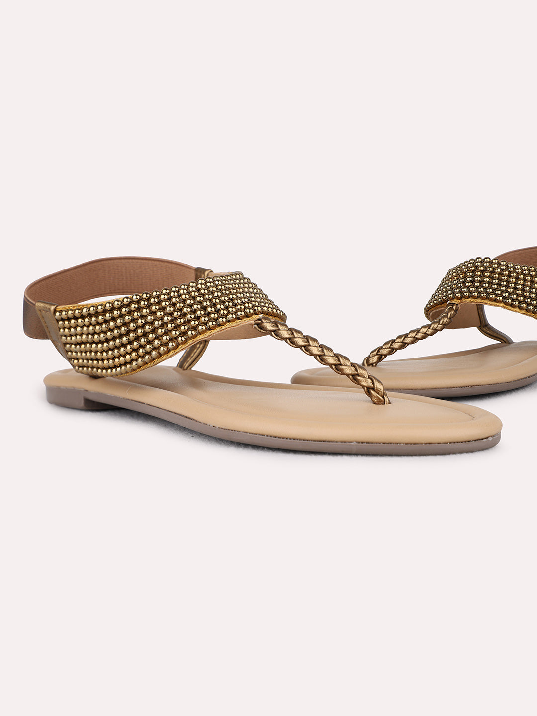 Womens Golden Ethnic Embellished T-Strap Flats
