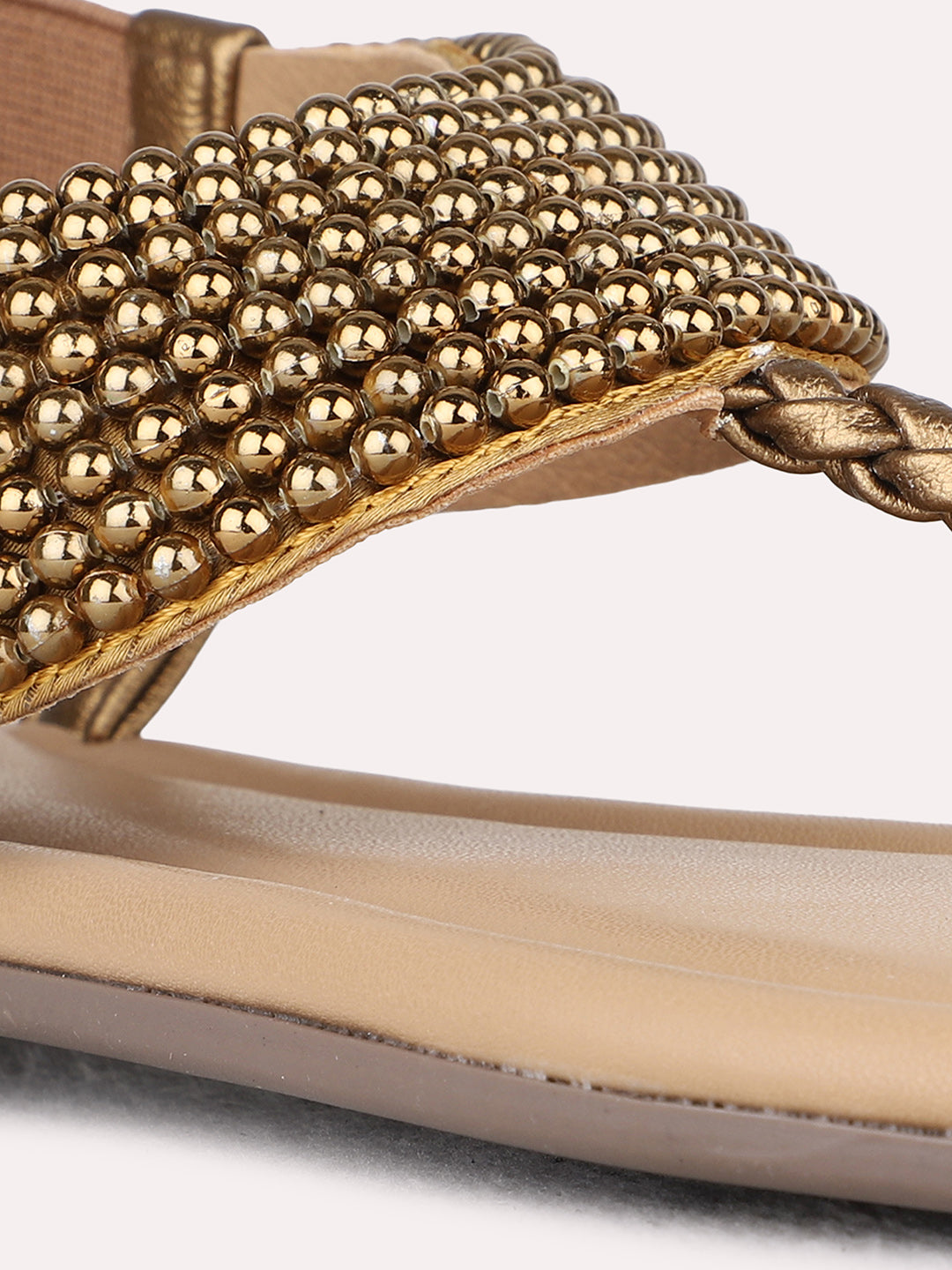 Womens Golden Ethnic Embellished T-Strap Flats