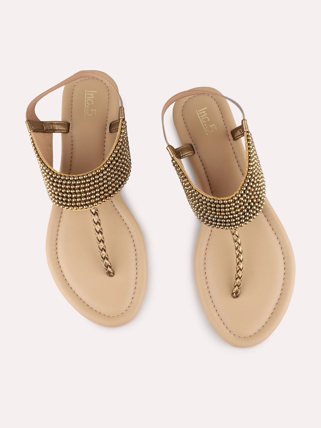 Womens Golden Ethnic Embellished T-Strap Flats
