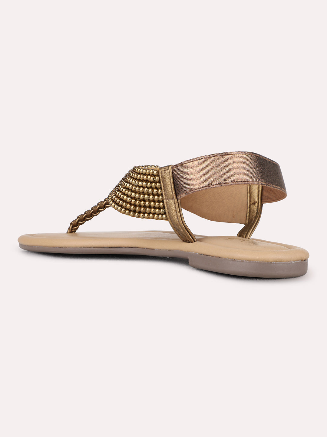 Womens Golden Ethnic Embellished T-Strap Flats