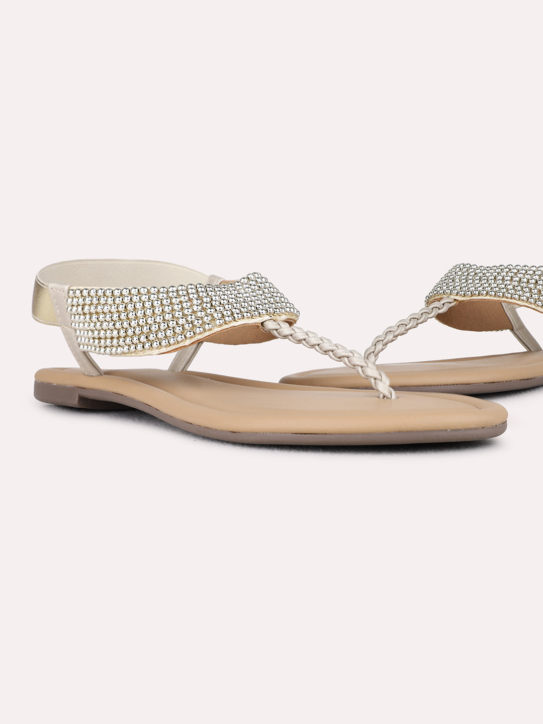 Womens Golden Ethnic Embellished T-Strap Flats