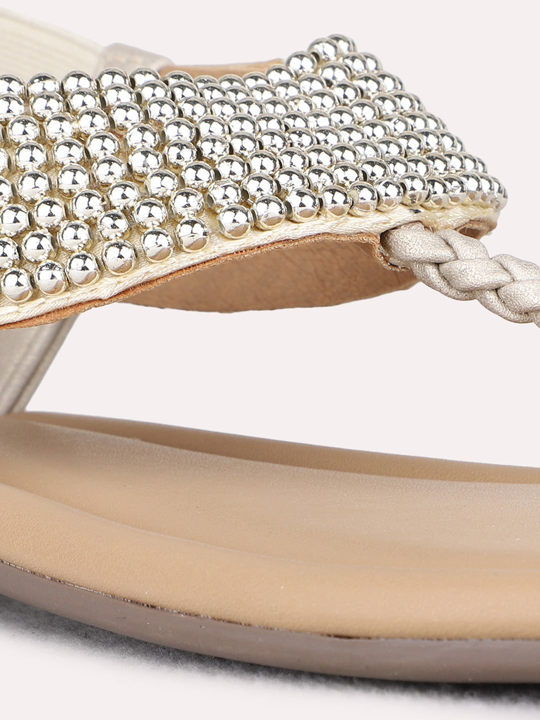 Womens Golden Ethnic Embellished T-Strap Flats