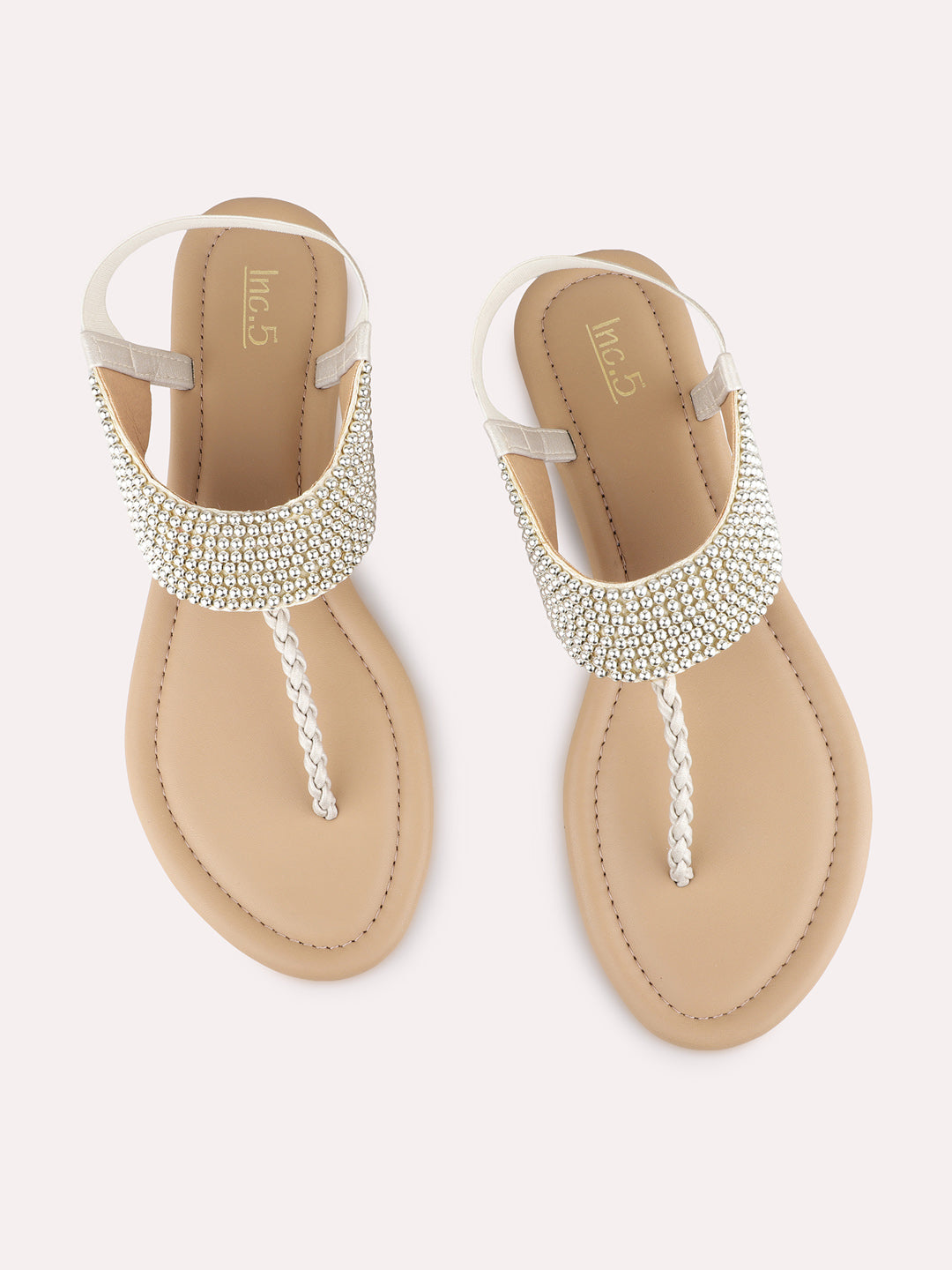 Womens Golden Ethnic Embellished T-Strap Flats