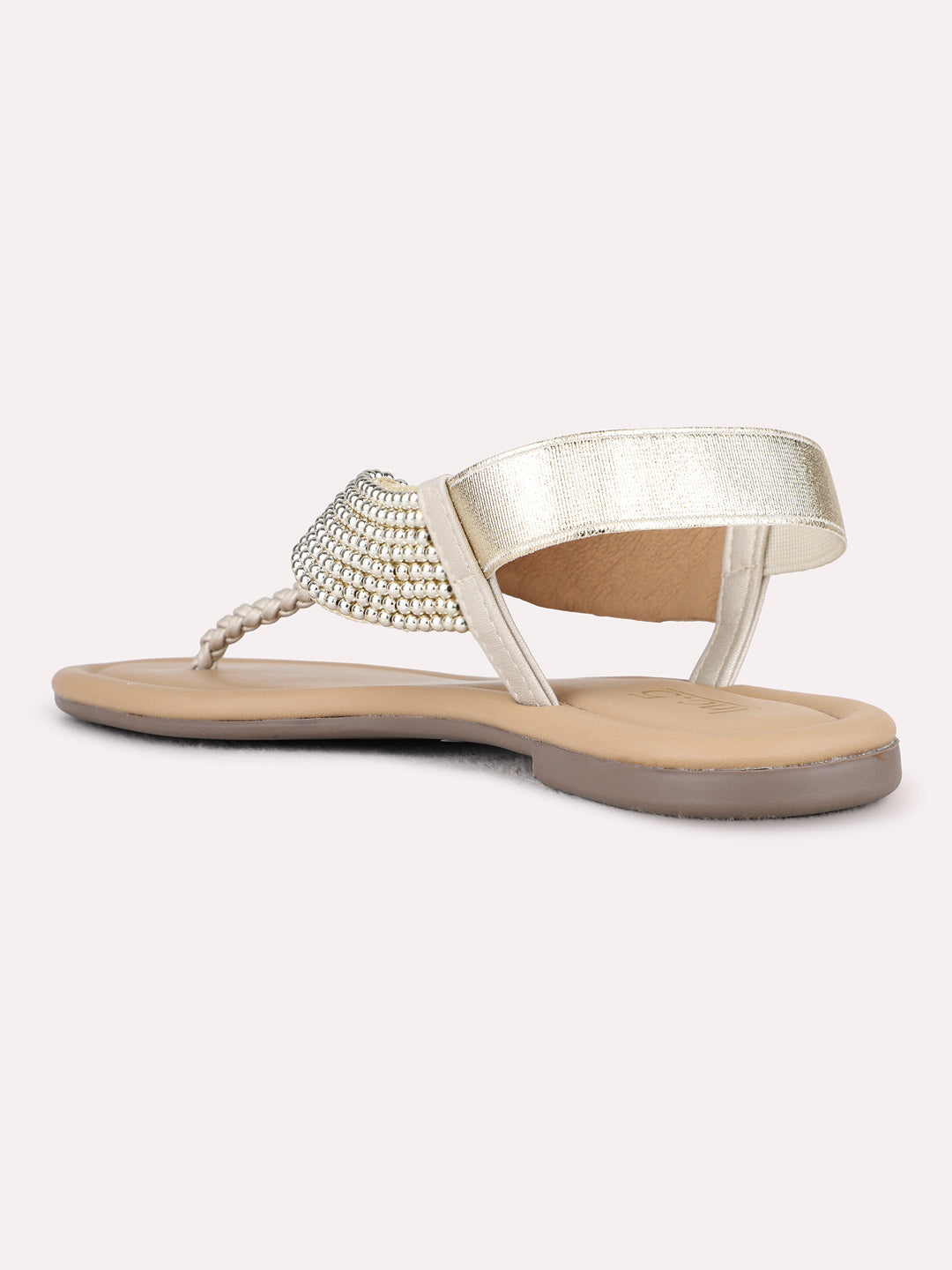 Womens Golden Ethnic Embellished T-Strap Flats