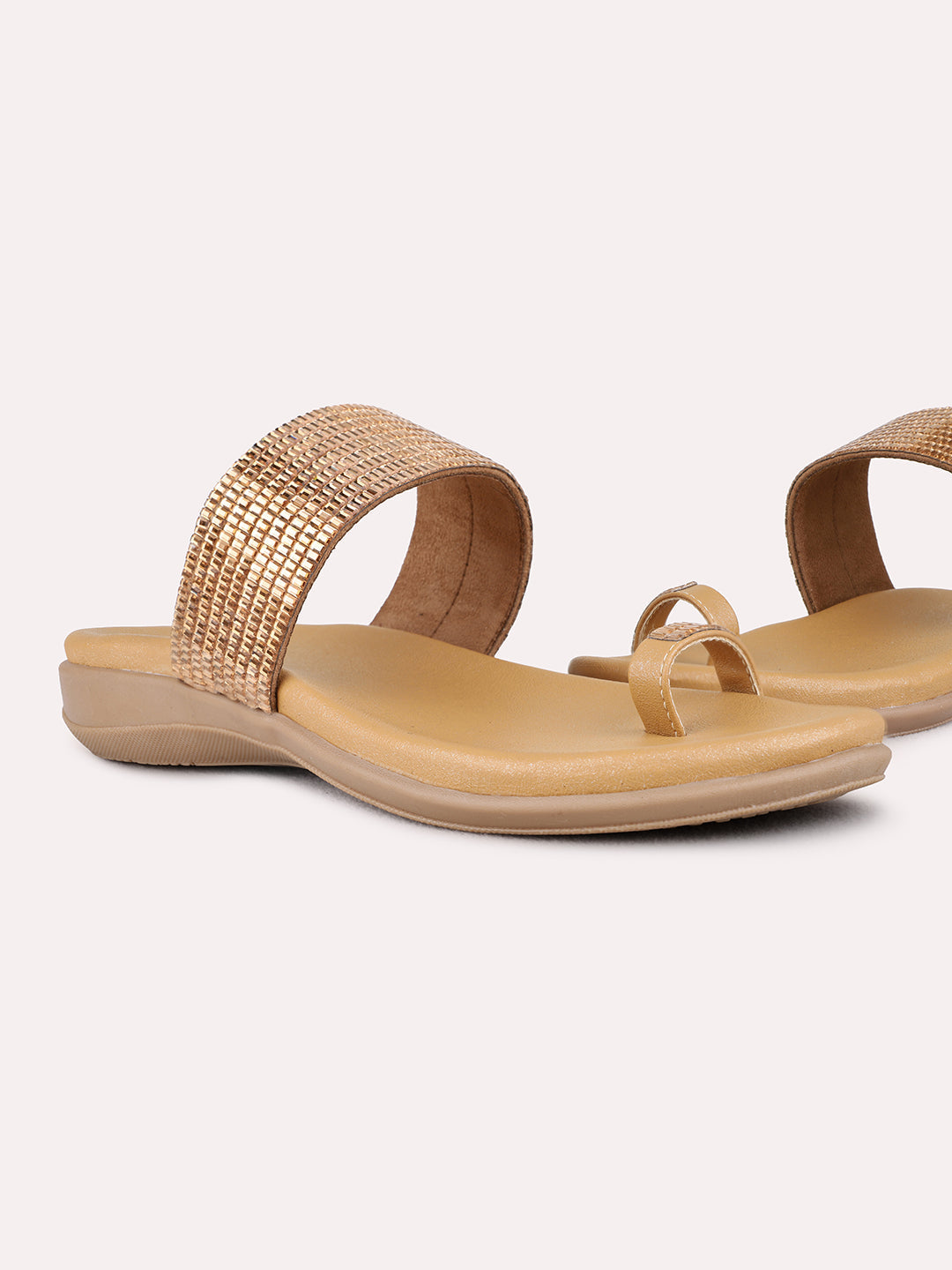 Womens Golden Party Wear Embellished One Toe Flat Sandals