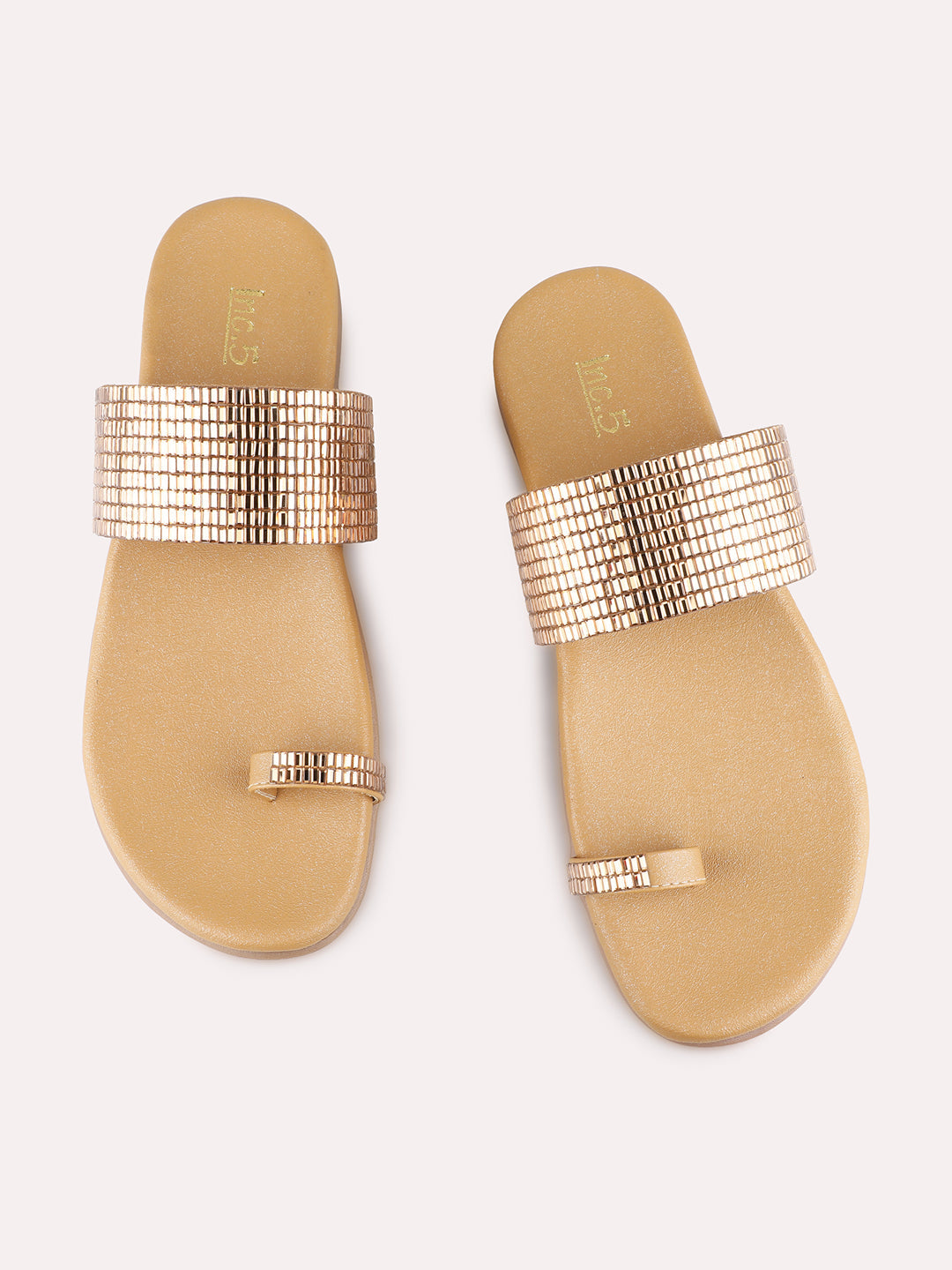 Womens Golden Party Wear Embellished One Toe Flat Sandals