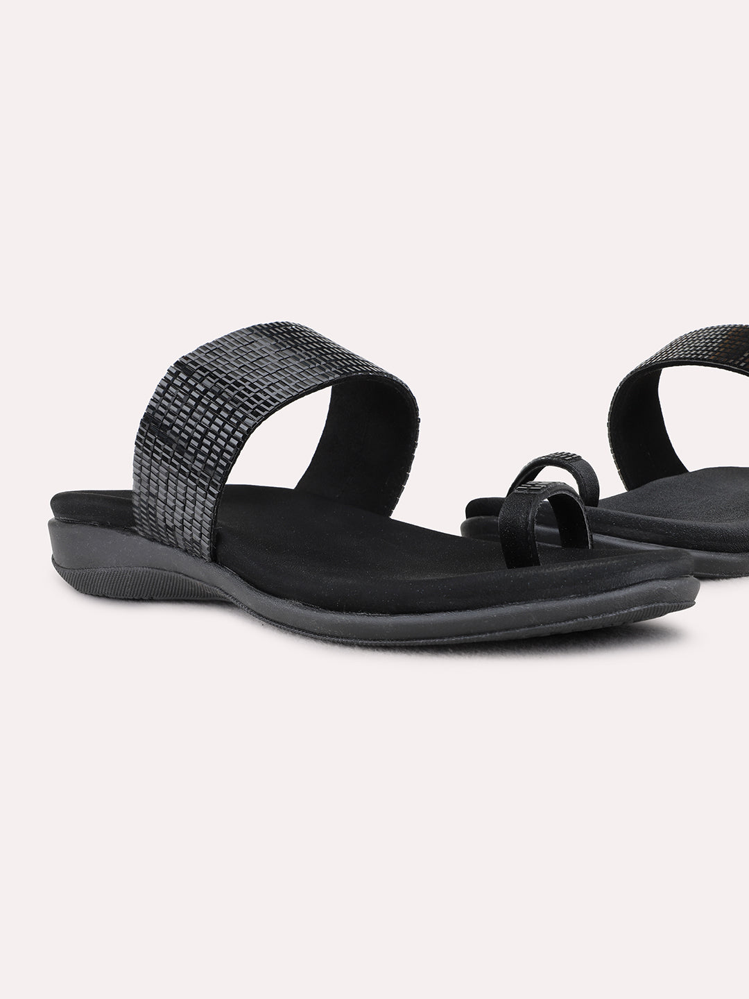 Womens Black Party Wear Embellished One Toe Flat Sandals