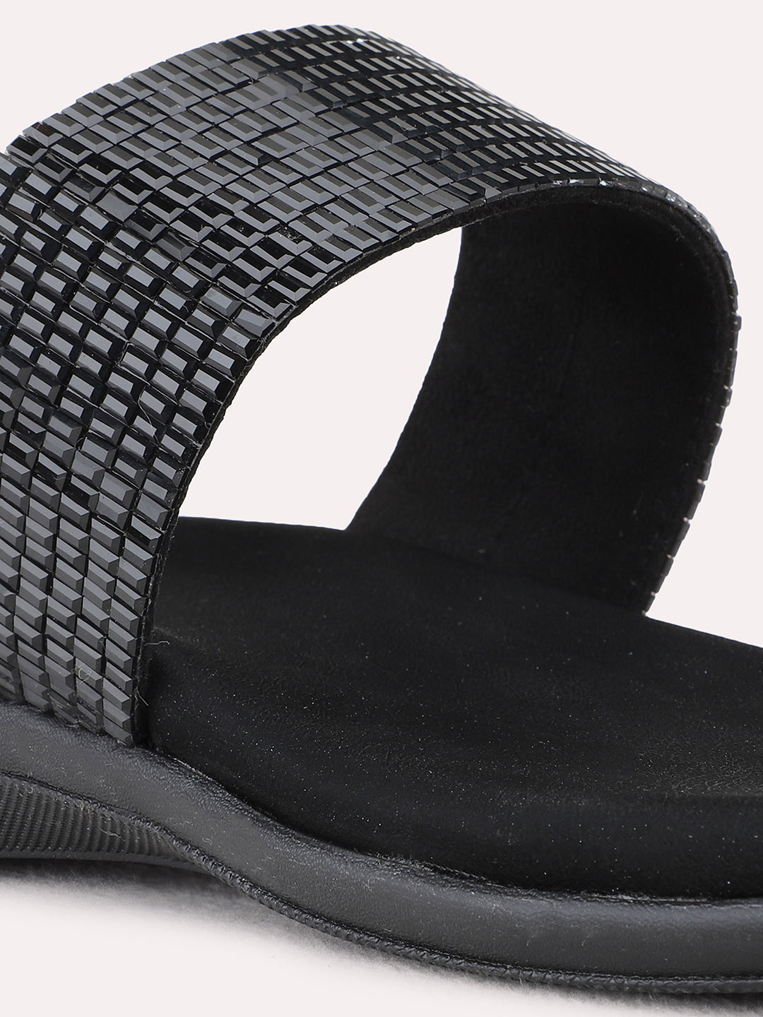 Womens Black Party Wear Embellished One Toe Flat Sandals