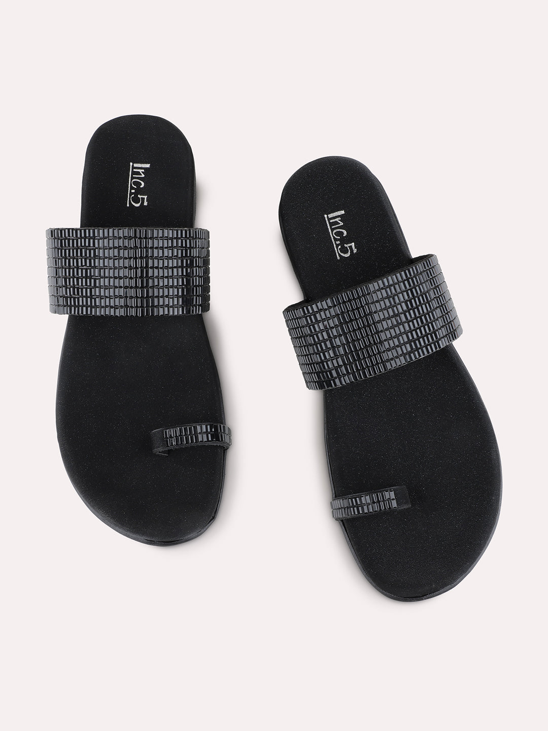 Womens Black Party Wear Embellished One Toe Flat Sandals