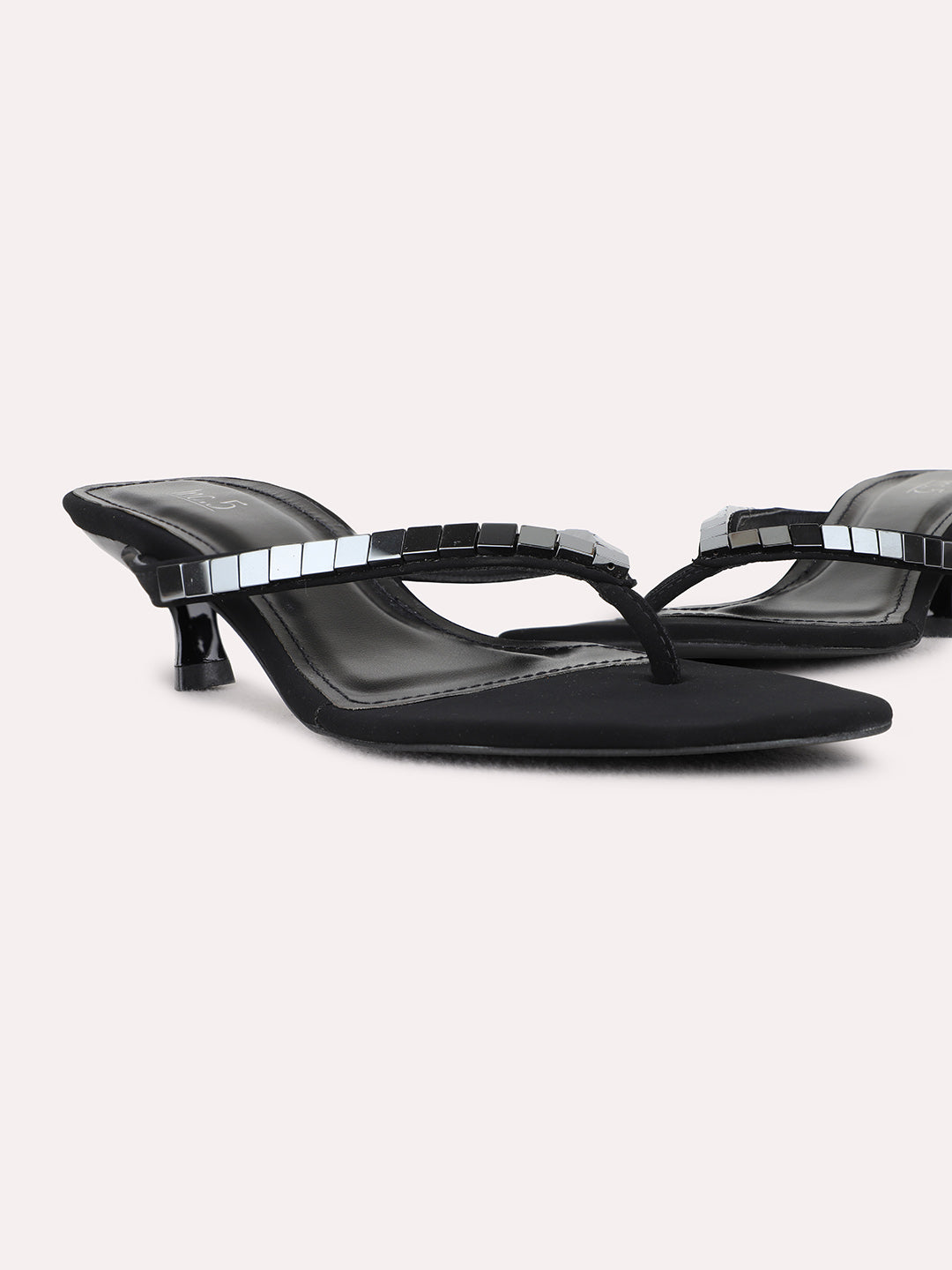 Womens Black Ethnic Embellished Round Toe Kitten Heel Sandals