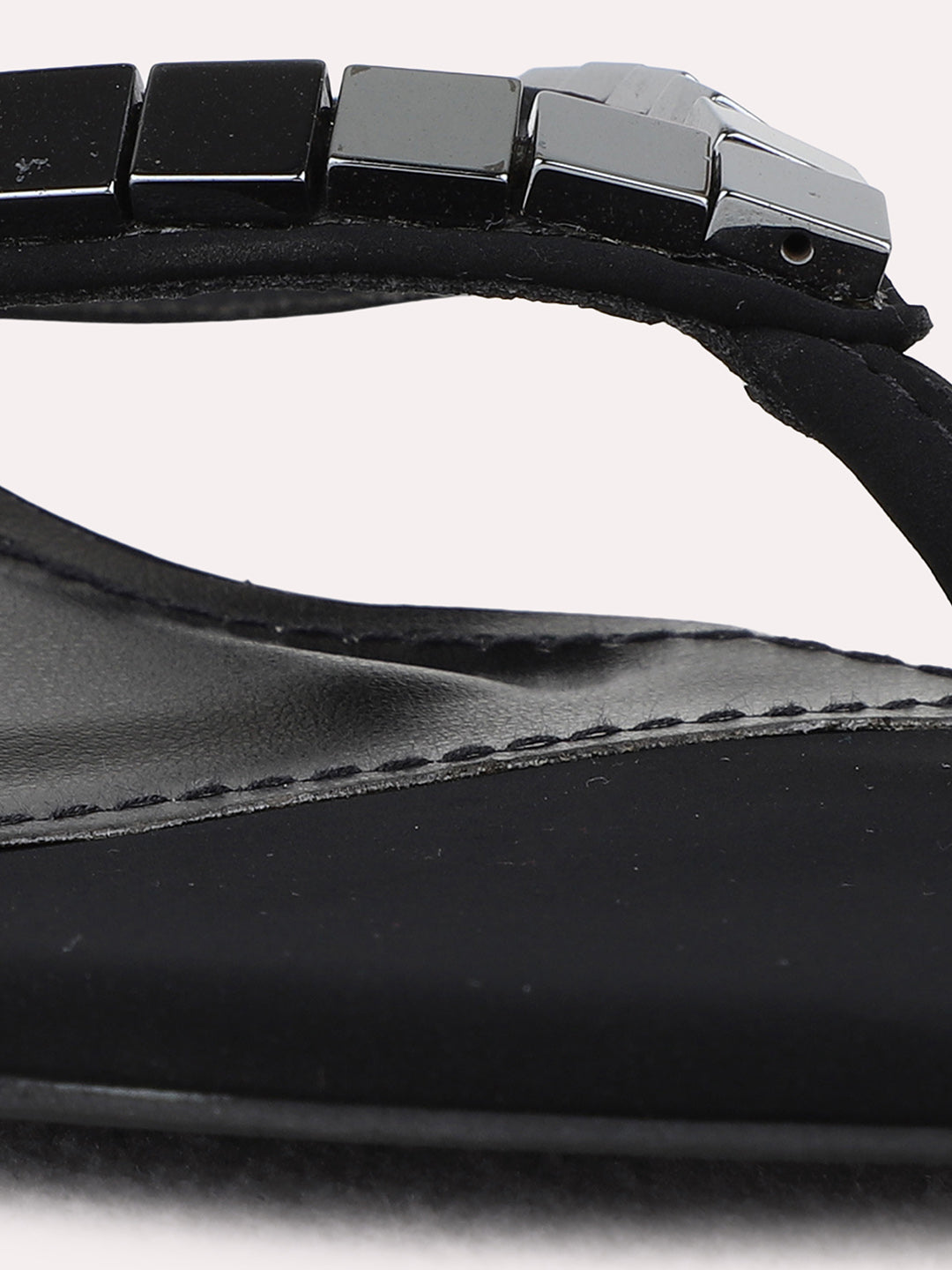 Womens Black Ethnic Embellished Round Toe Kitten Heel Sandals