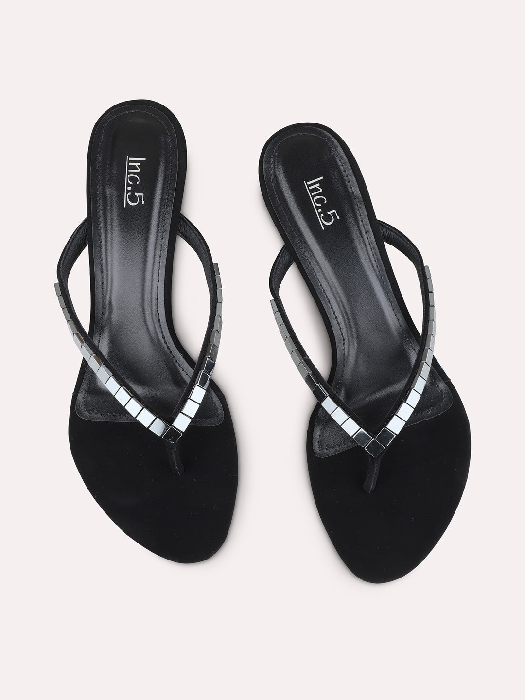 Womens Black Ethnic Embellished Round Toe Kitten Heel Sandals