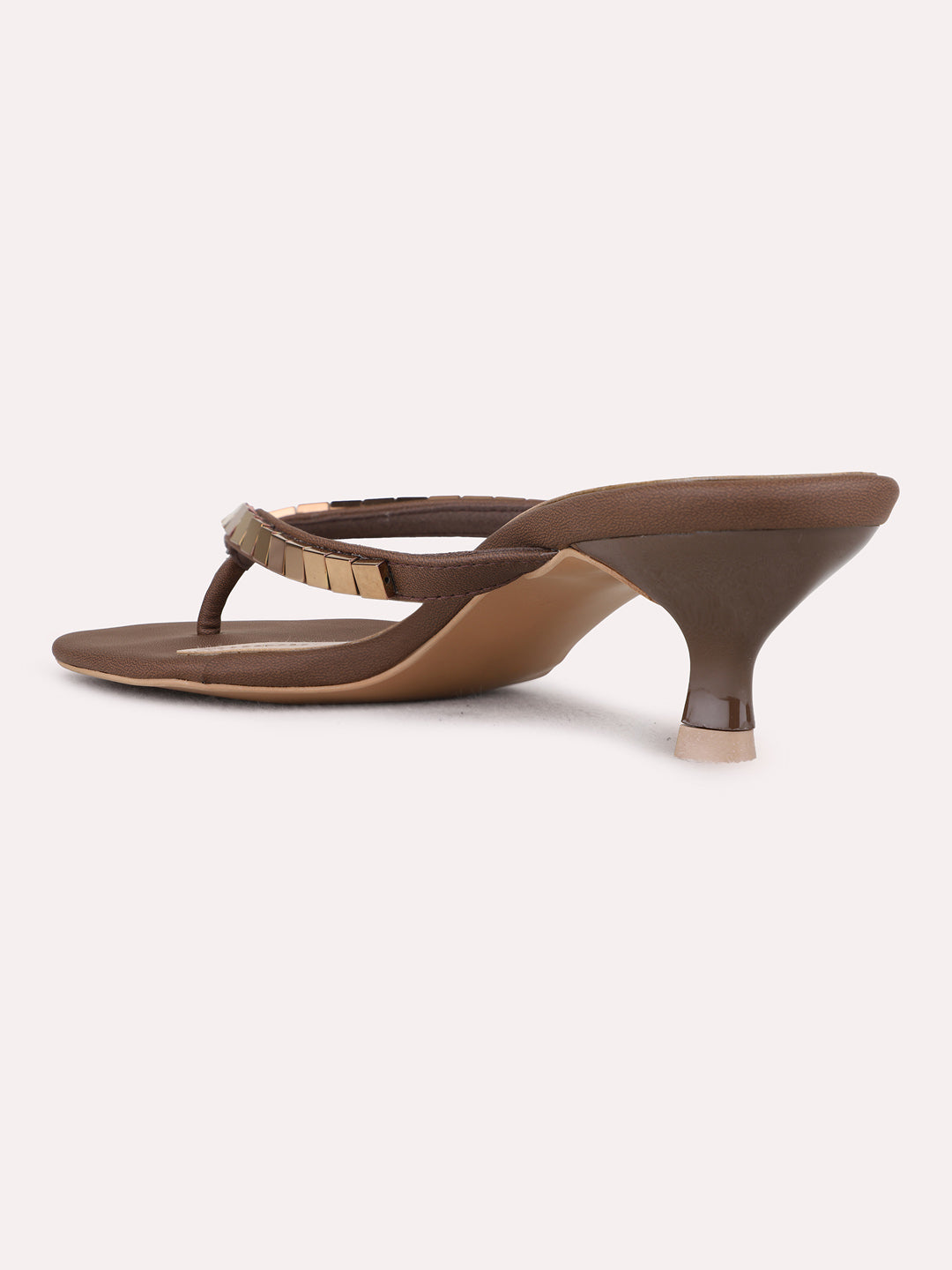 Womens Brown Ethnic Embellished Round Toe Kitten Heels