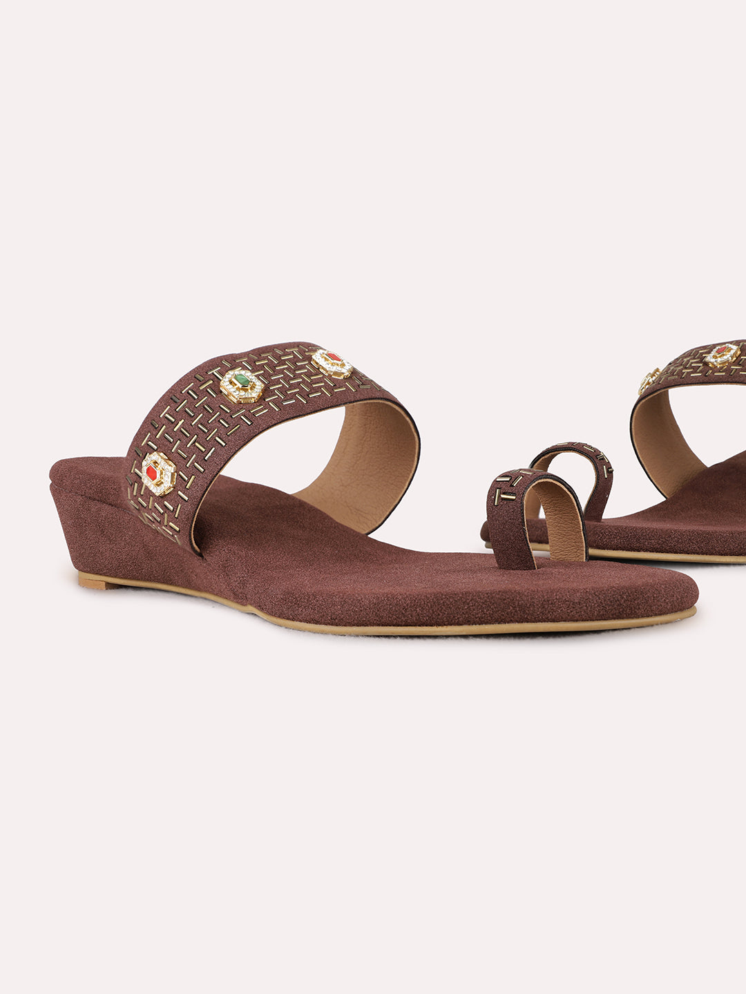Womens Brown Ethnic Embellished Round Toe Wedge Heels