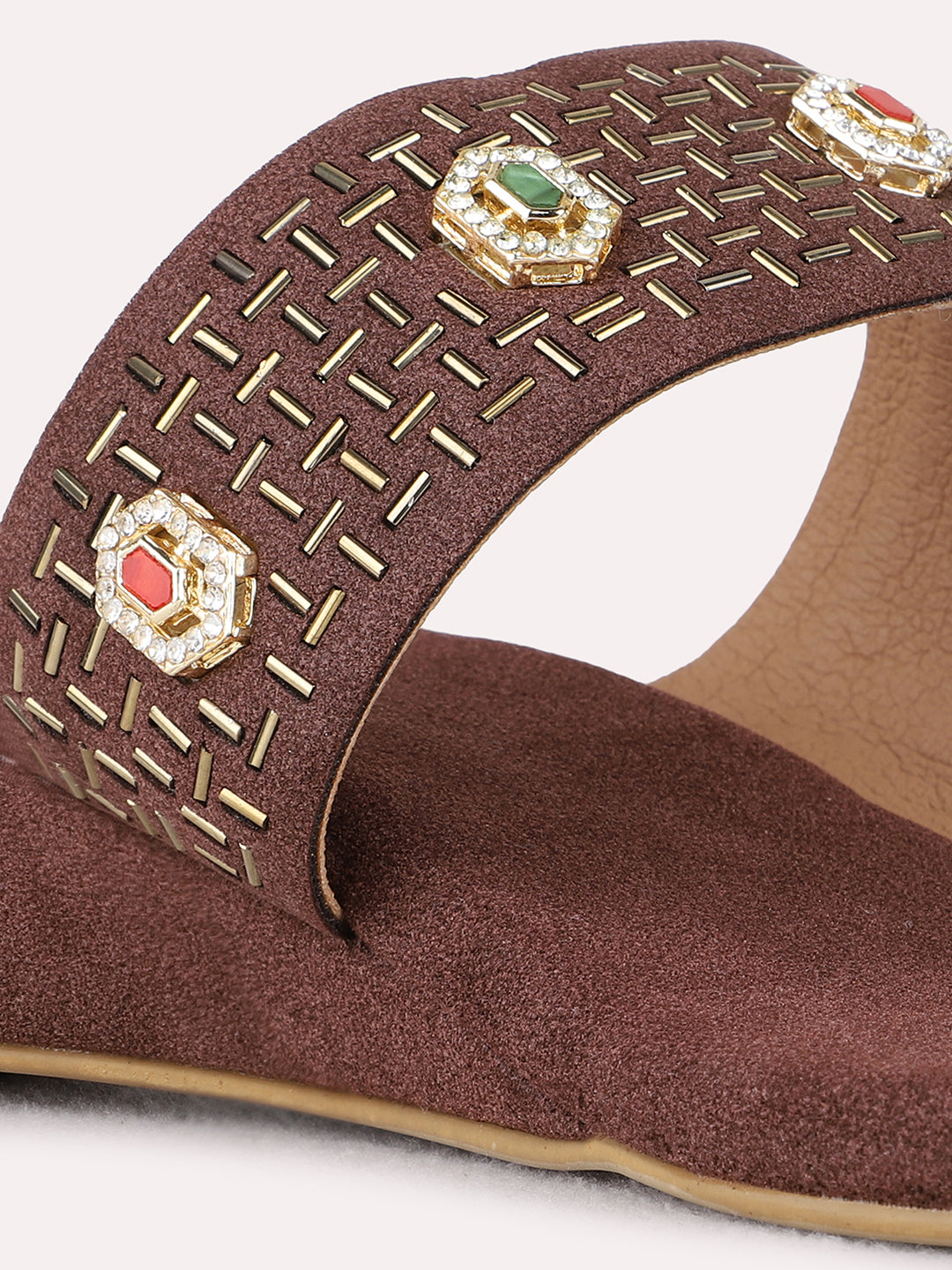 Womens Brown Ethnic Embellished Round Toe Wedge Heels