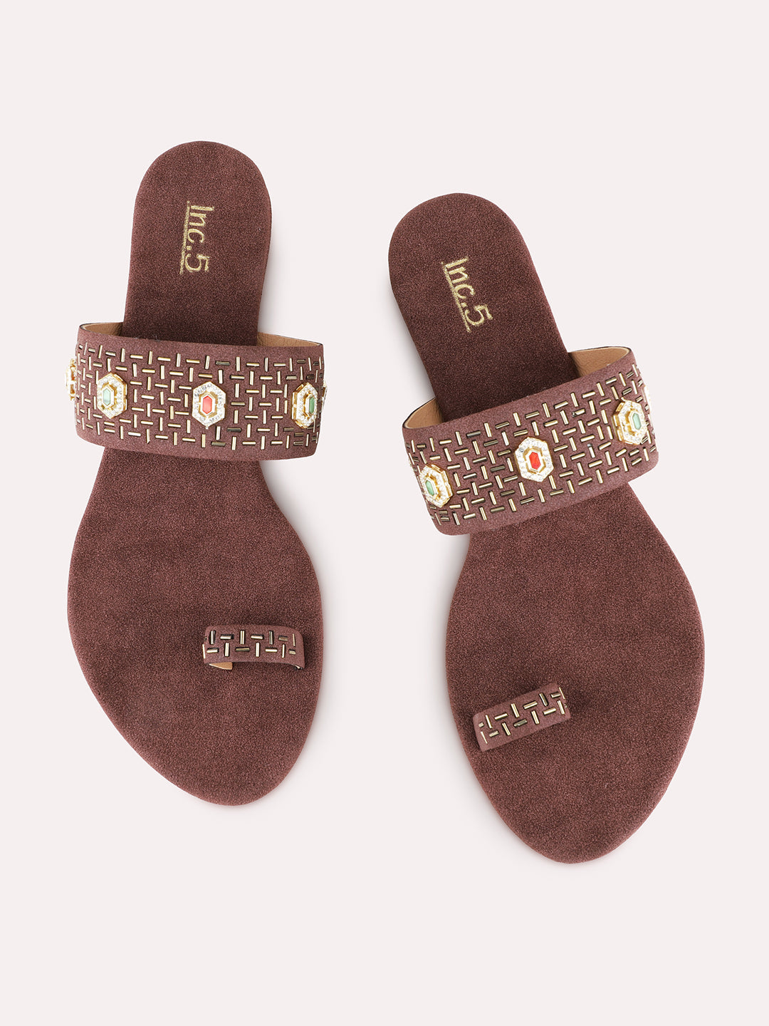 Womens Brown Ethnic Embellished Round Toe Wedge Heels