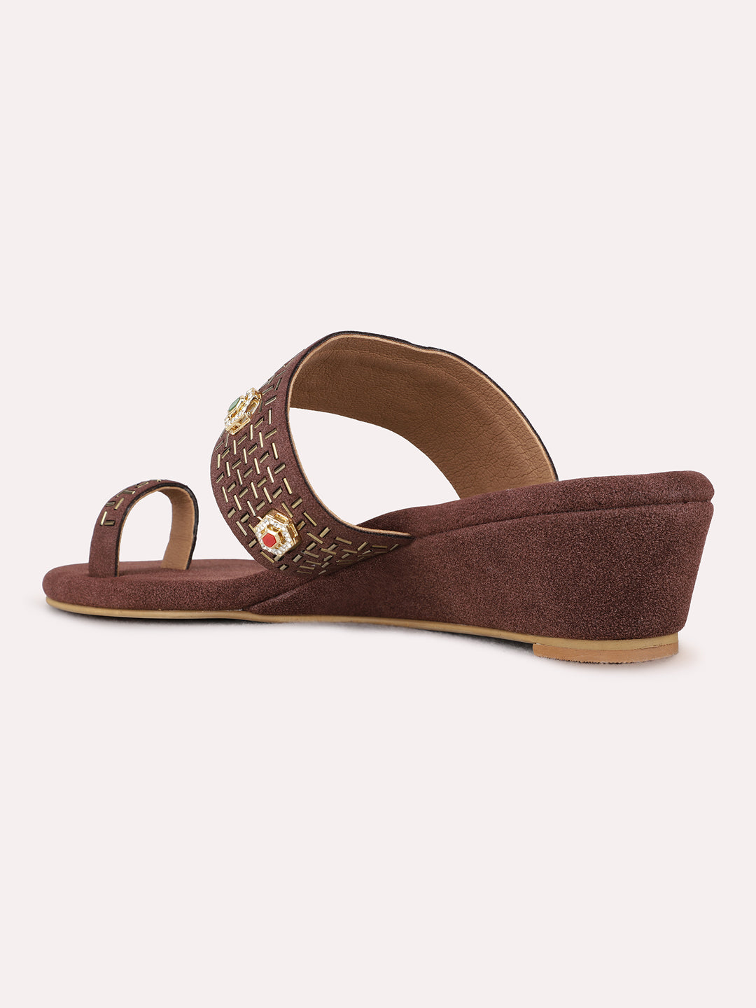 Womens Brown Ethnic Embellished Round Toe Wedge Heels