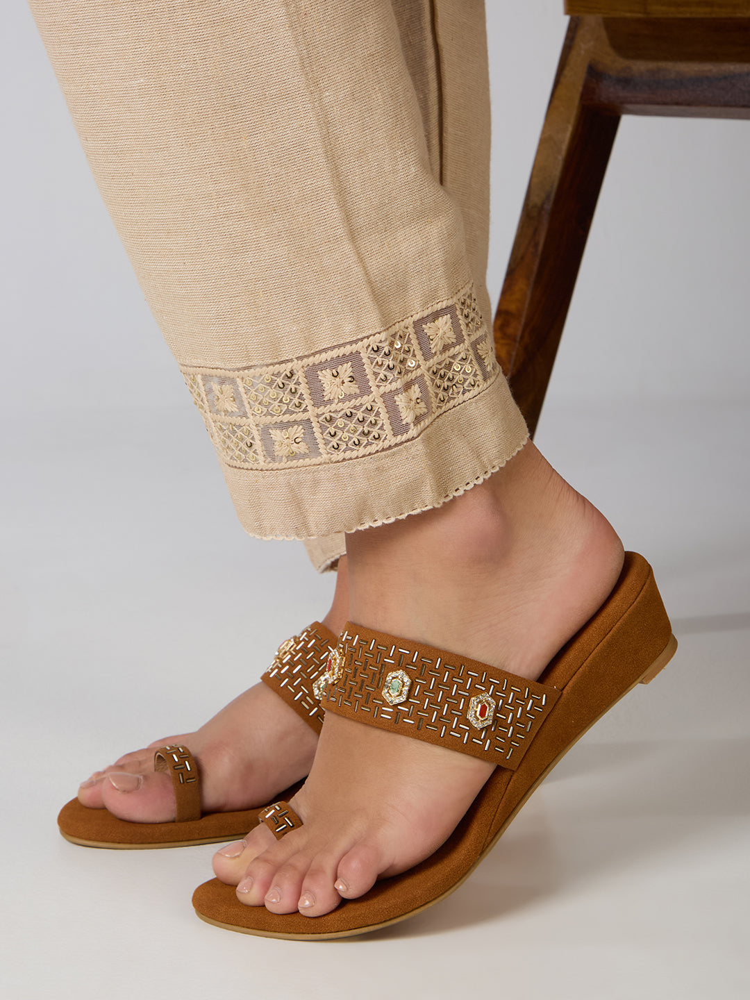 Womens Tan Ethnic Embellished Round Toe Wedge Heels
