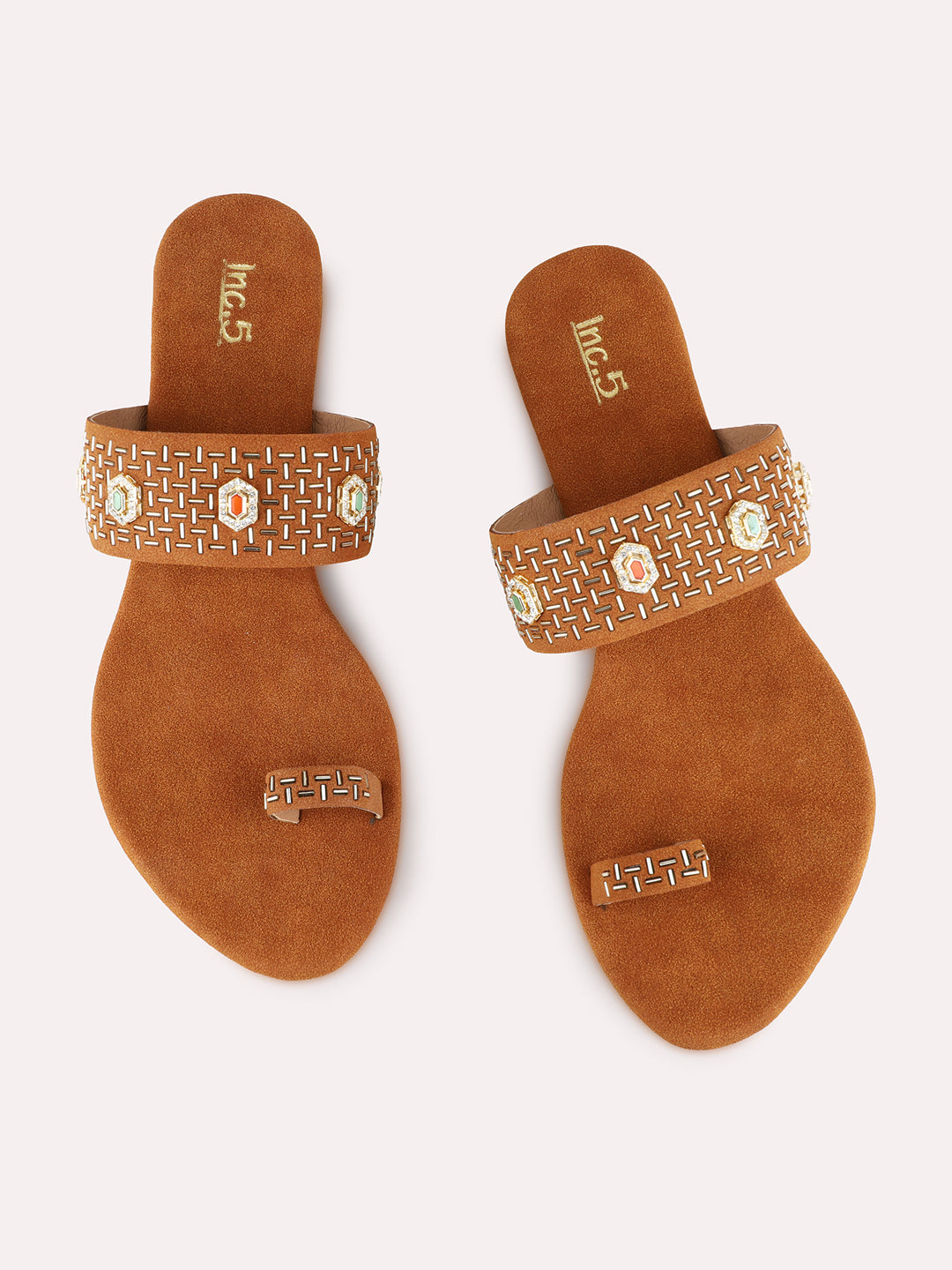 Womens Tan Ethnic Embellished Round Toe Wedge Heels