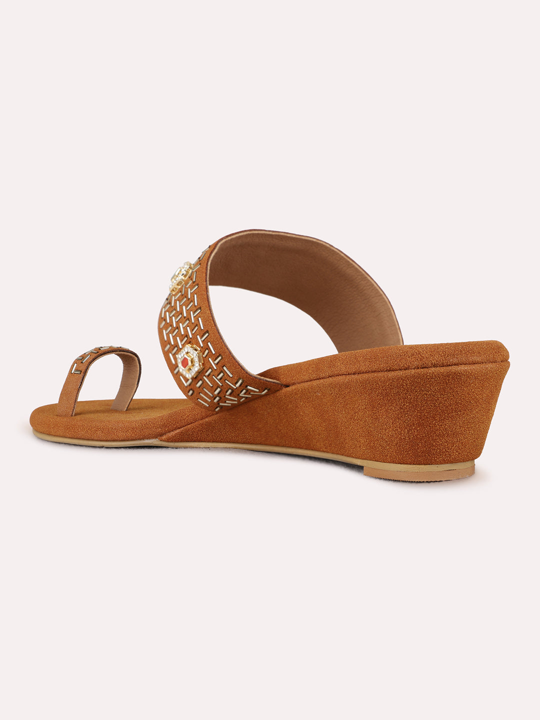 Womens Tan Ethnic Embellished Round Toe Wedge Heels