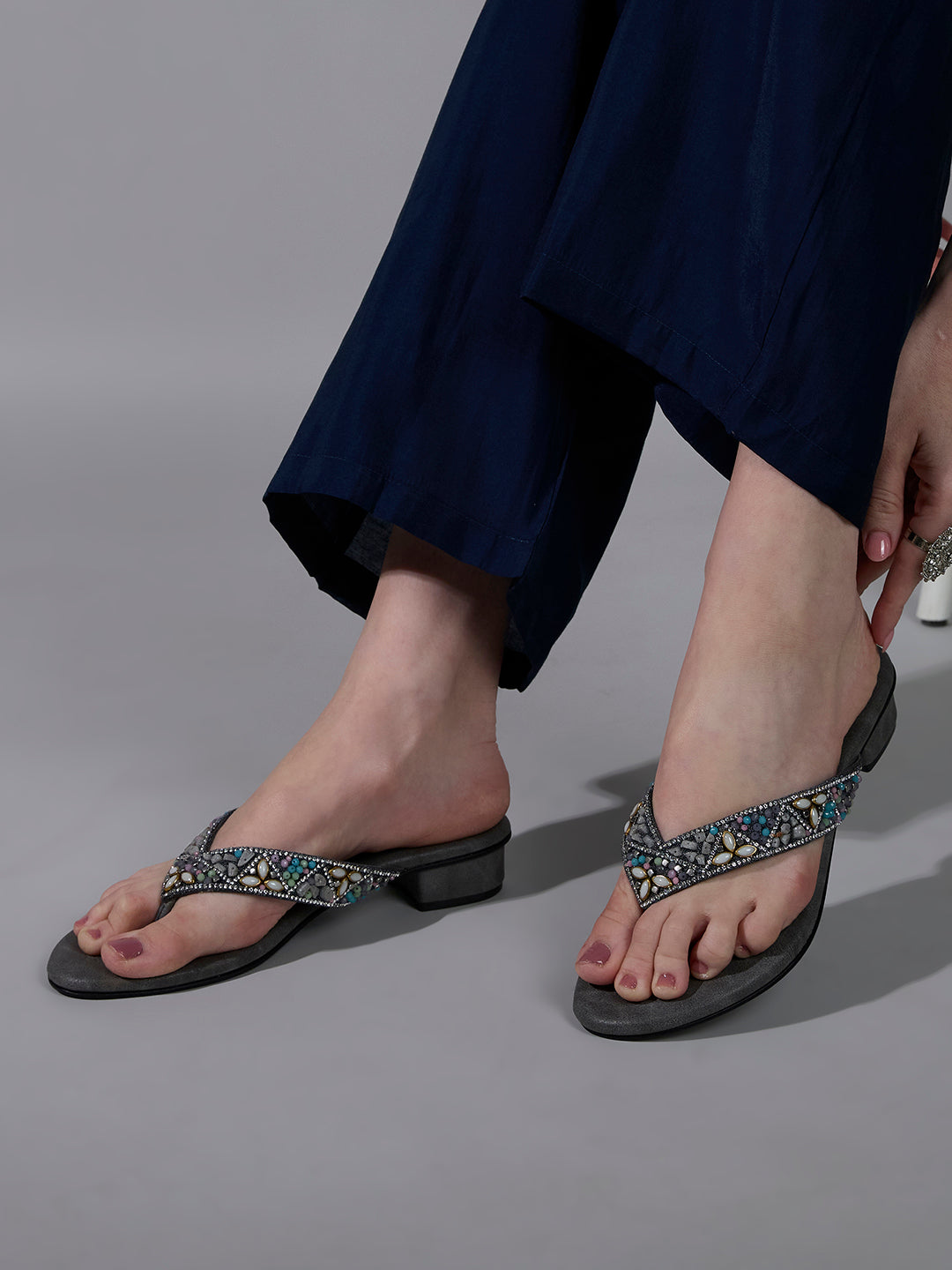 Womens Grey Ethnic Wear Embellished Round Toe Block Heel Sandals