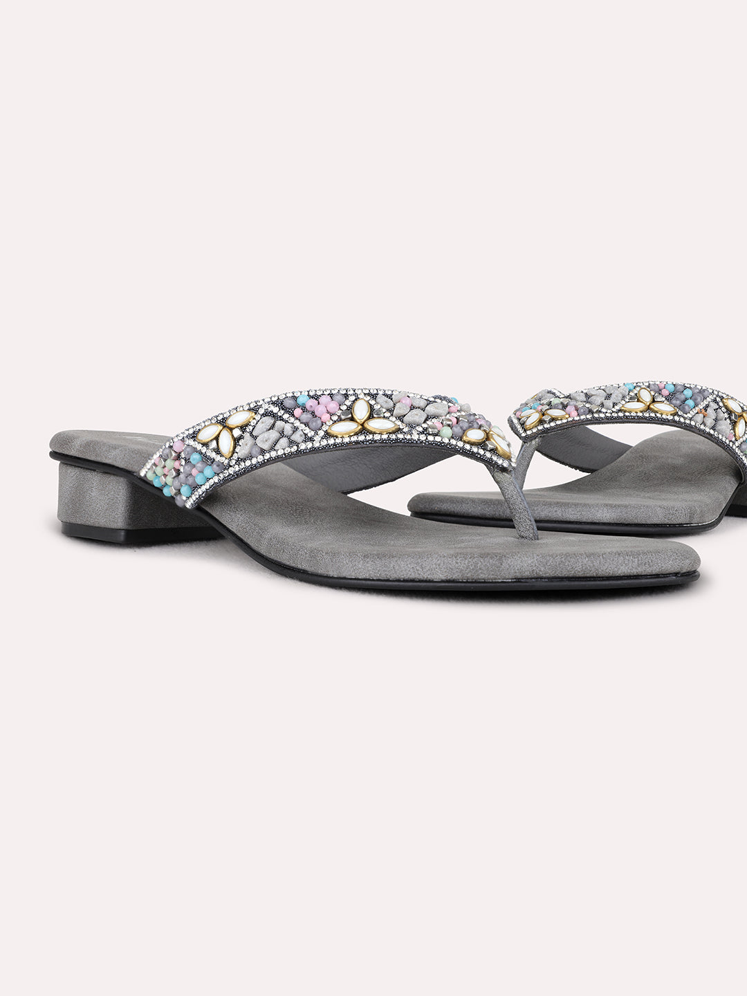 Womens Grey Ethnic Wear Embellished Round Toe Block Heel Sandals