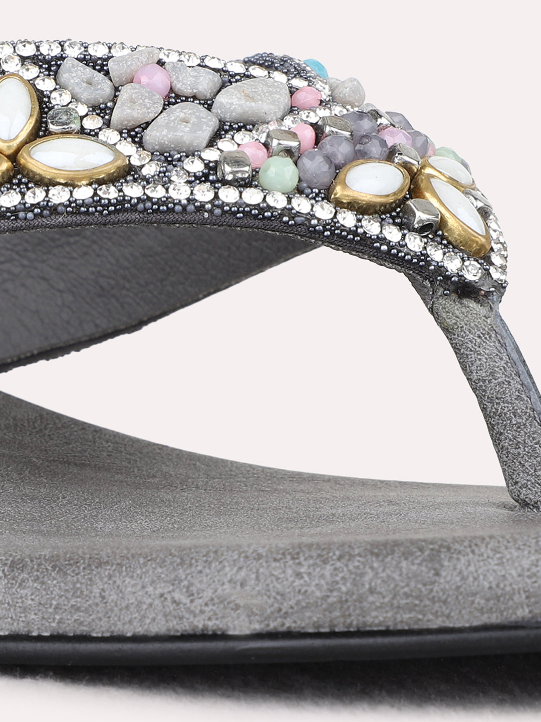 Womens Grey Ethnic Wear Embellished Round Toe Block Heel Sandals