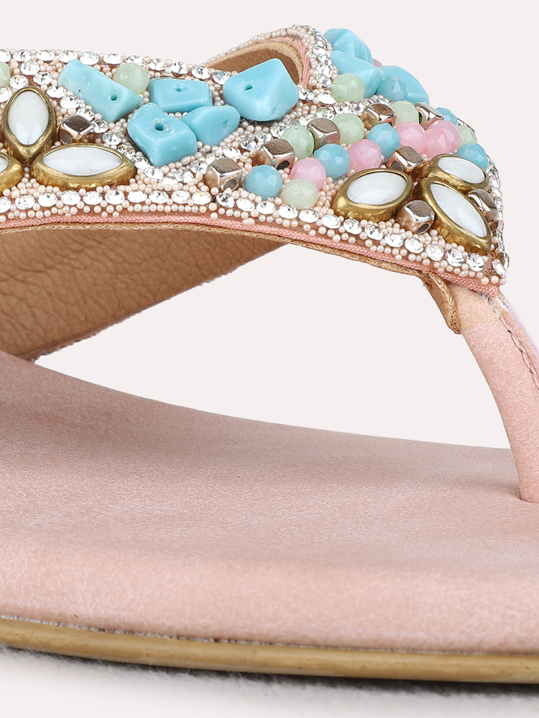 Womens Peach Ethnic Wear Embellished Round Toe Block Heel Sandals