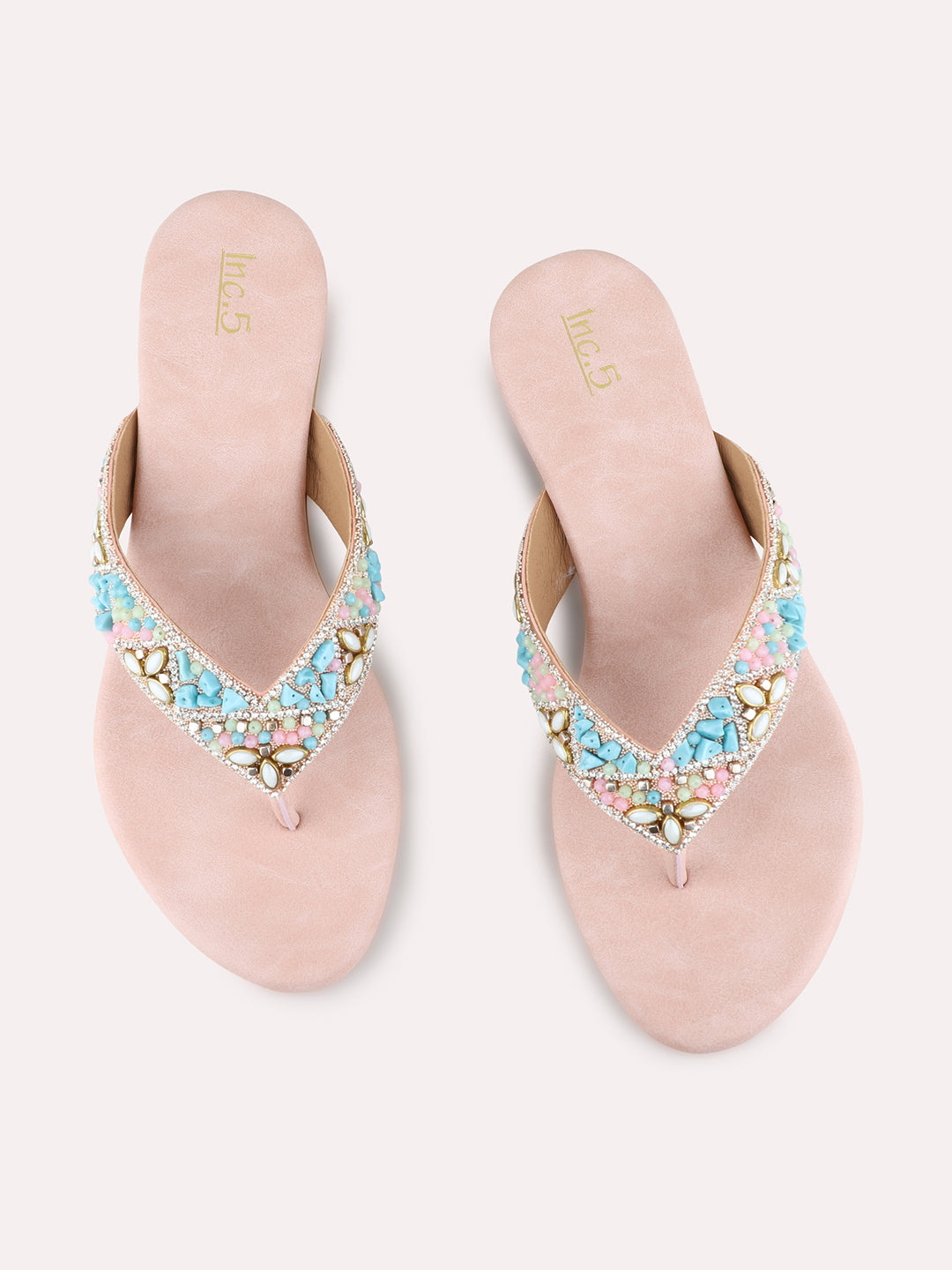 Womens Peach Ethnic Wear Embellished Round Toe Block Heel Sandals