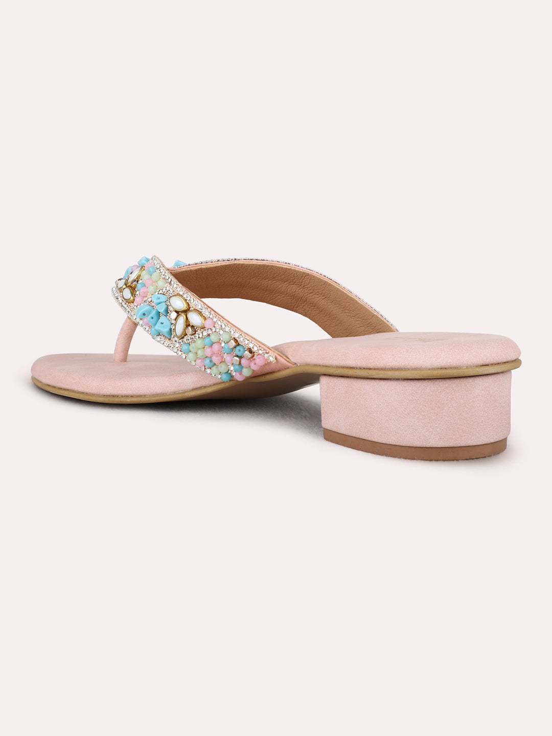 Womens Peach Ethnic Wear Embellished Round Toe Block Heel Sandals