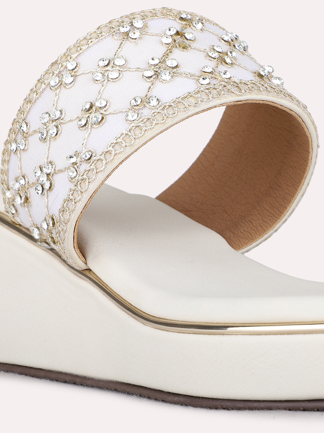 Womens Cream Ethnic Embellished Round Toe Wedge Heels