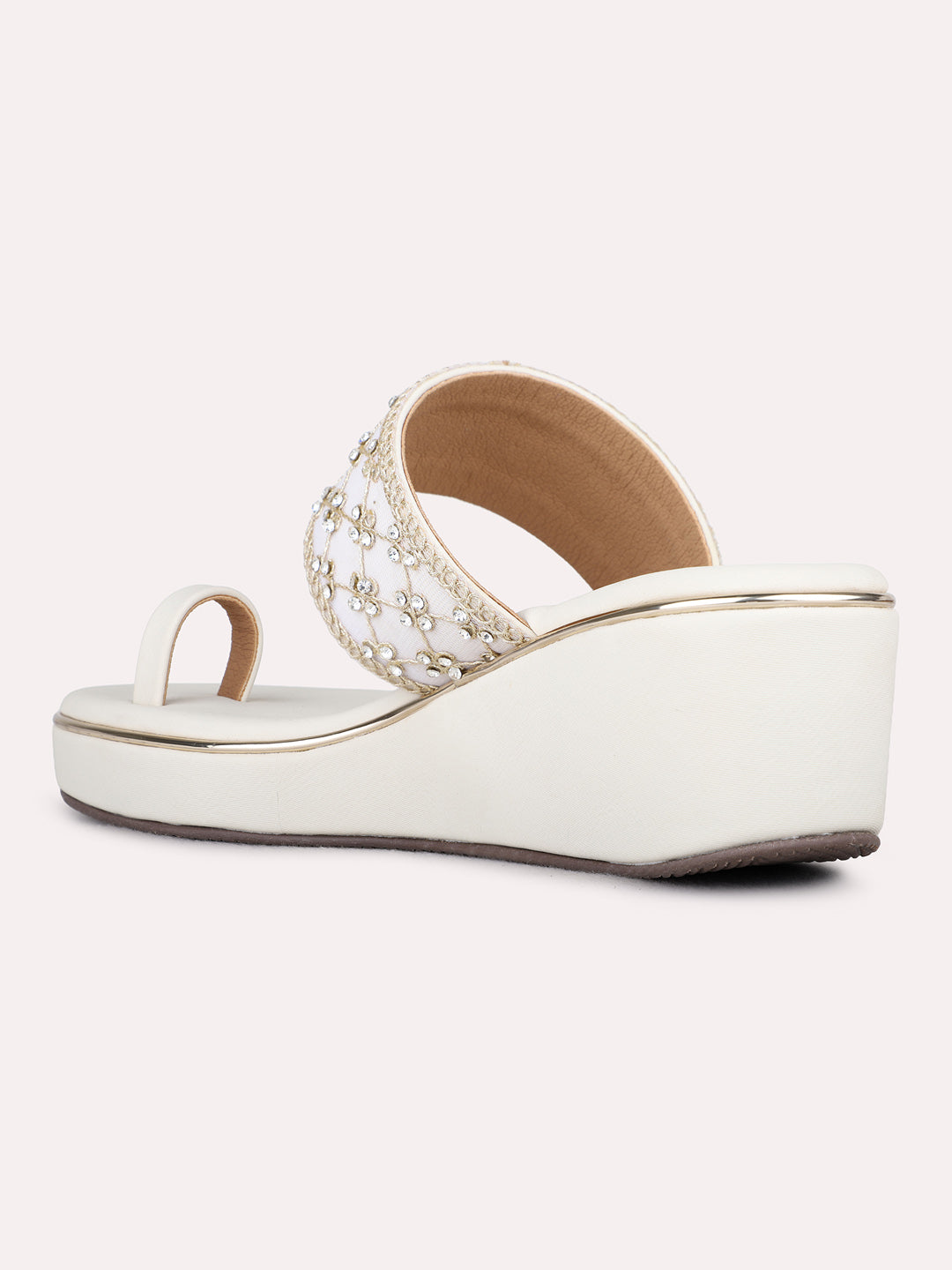 Womens Cream Ethnic Embellished Round Toe Wedge Heels