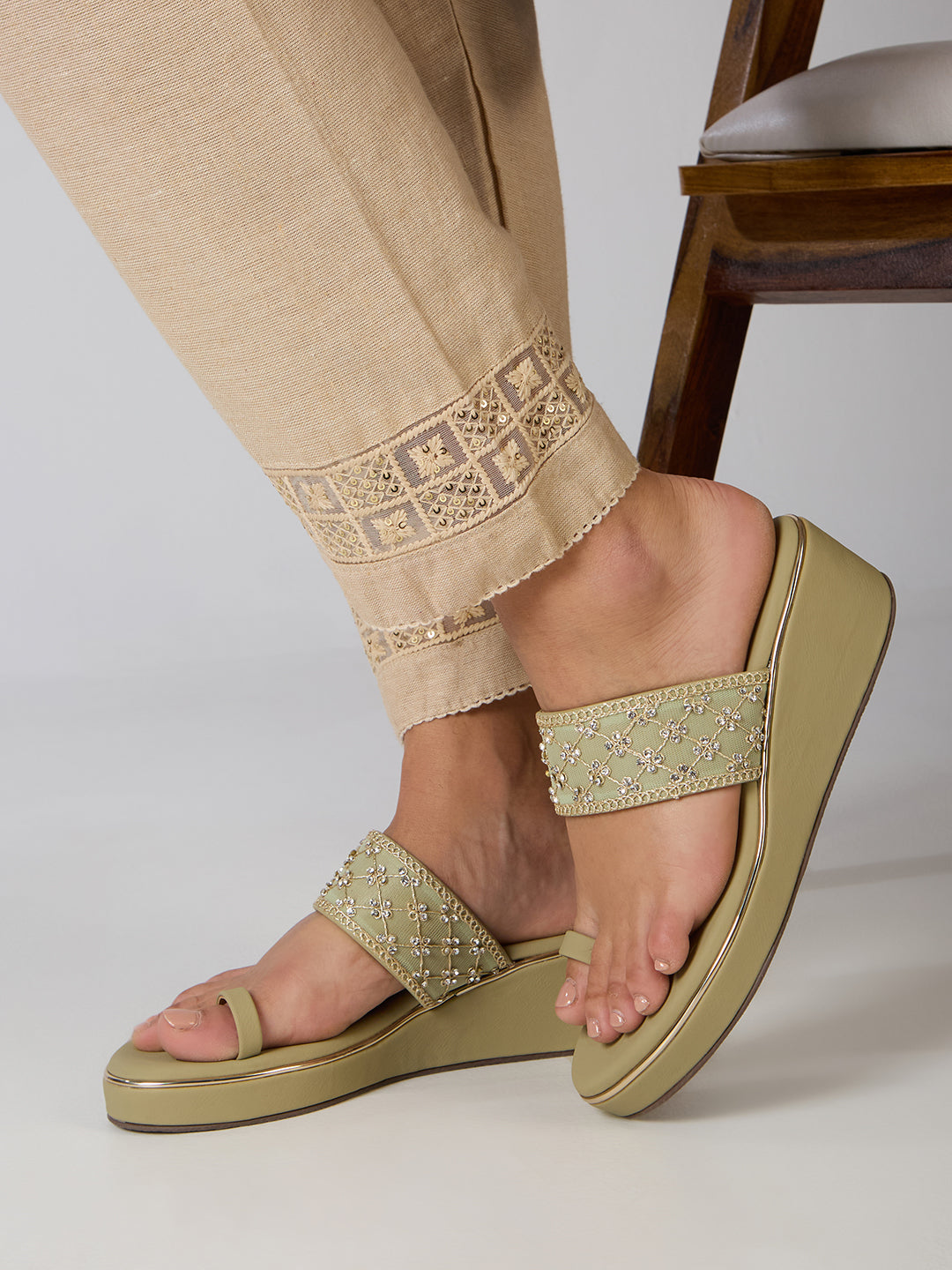 Womens Green Ethnic Embellished Round Toe Wedge Heels