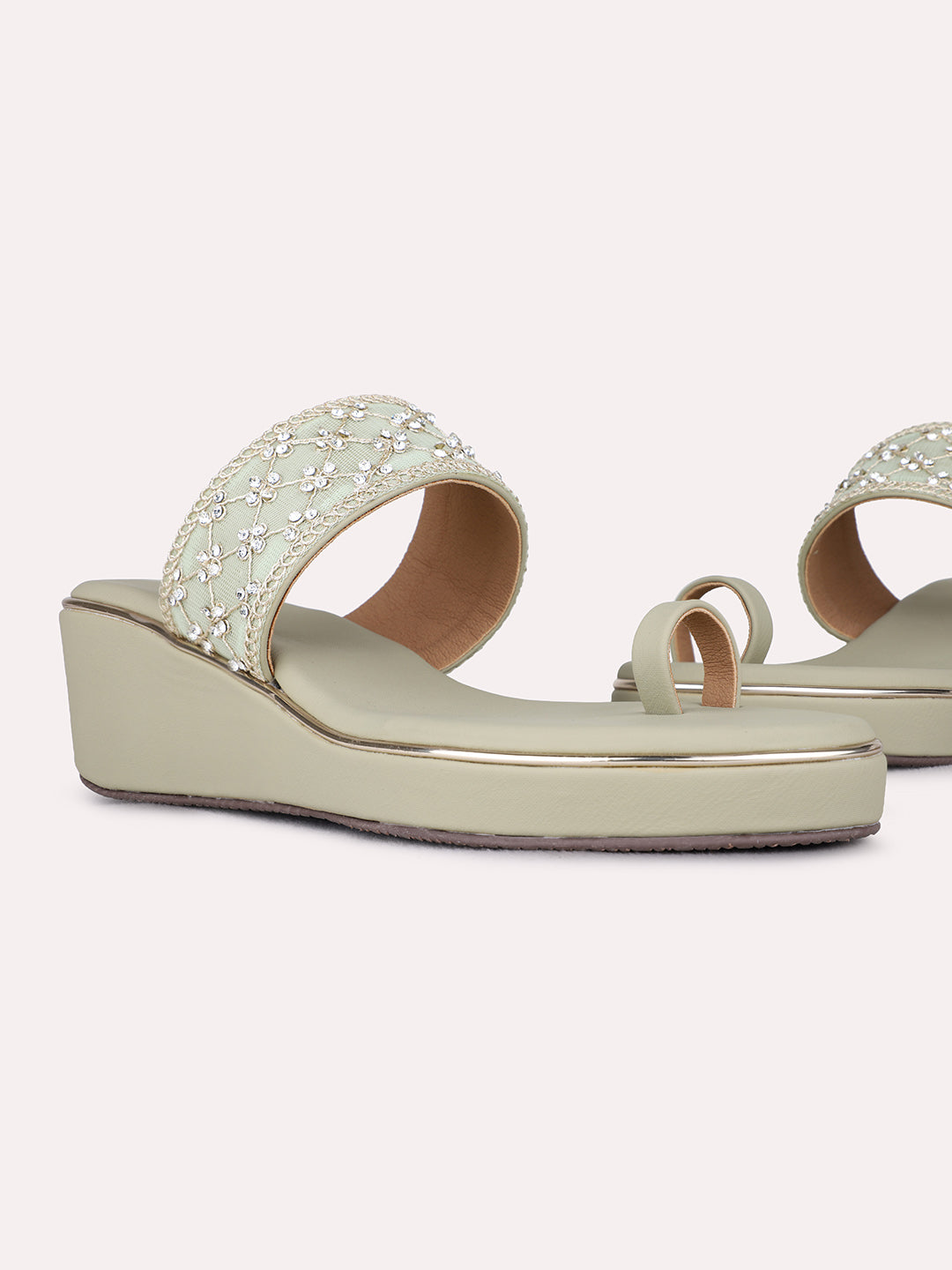 Womens Green Ethnic Embellished Round Toe Wedge Heels