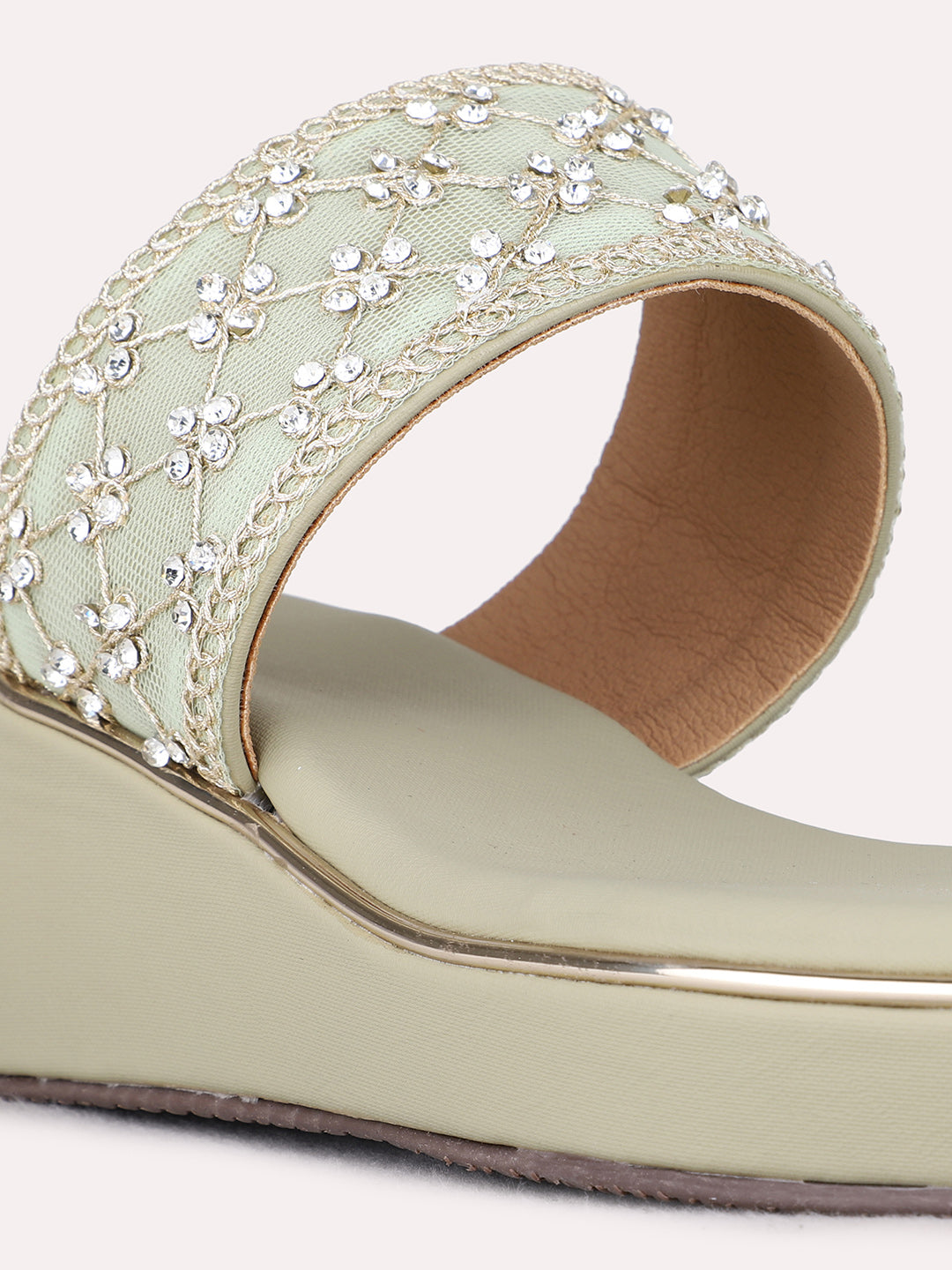 Womens Green Ethnic Embellished Round Toe Wedge Heels
