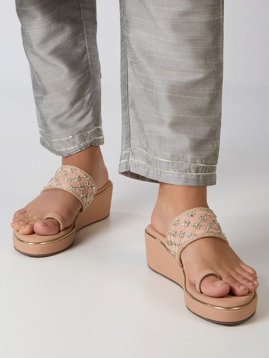 Womens Peach Ethnic Embellished Round Toe Wedge Heels