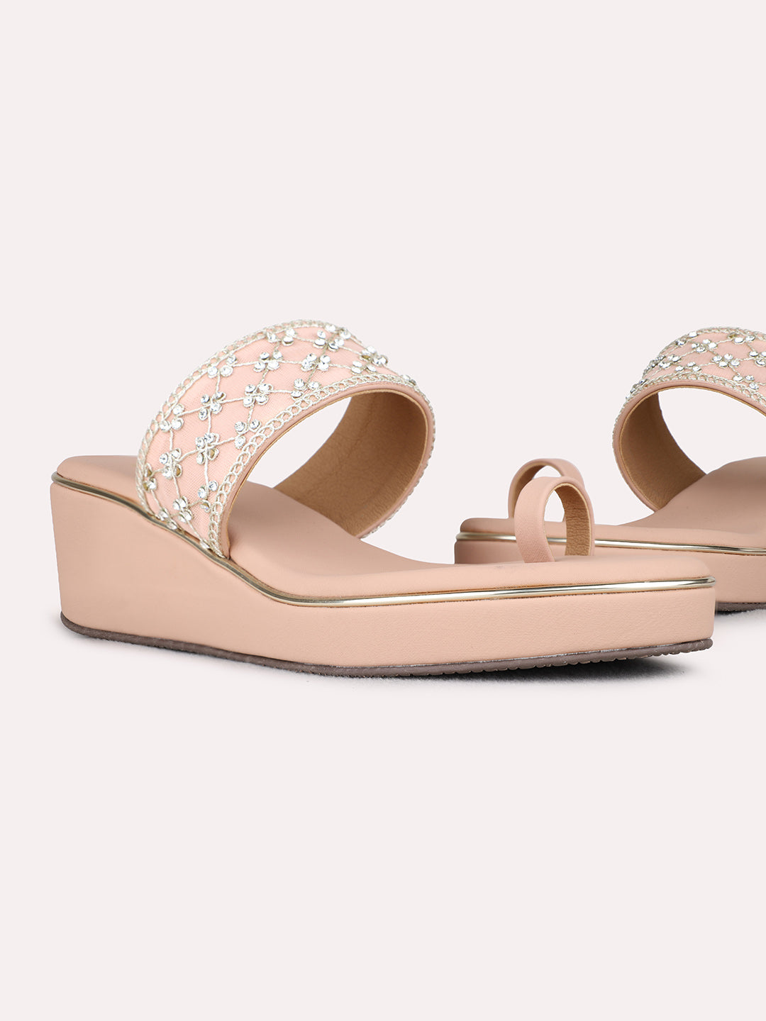 Womens Peach Ethnic Embellished Round Toe Wedge Heel Sandals
