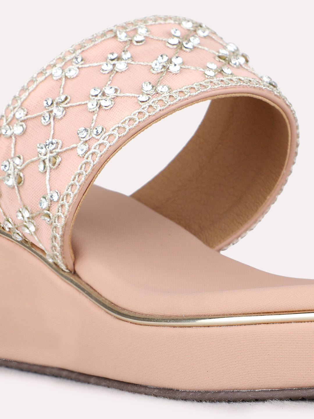 Womens Peach Ethnic Embellished Round Toe Wedge Heels