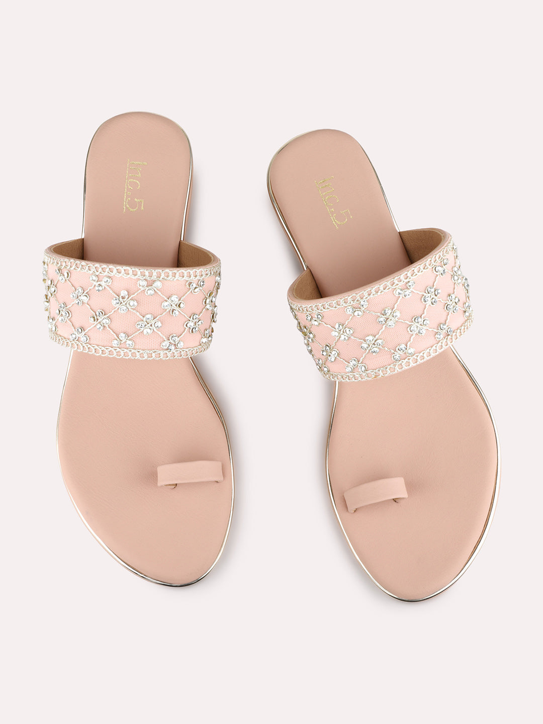 Womens Peach Ethnic Embellished Round Toe Wedge Heels