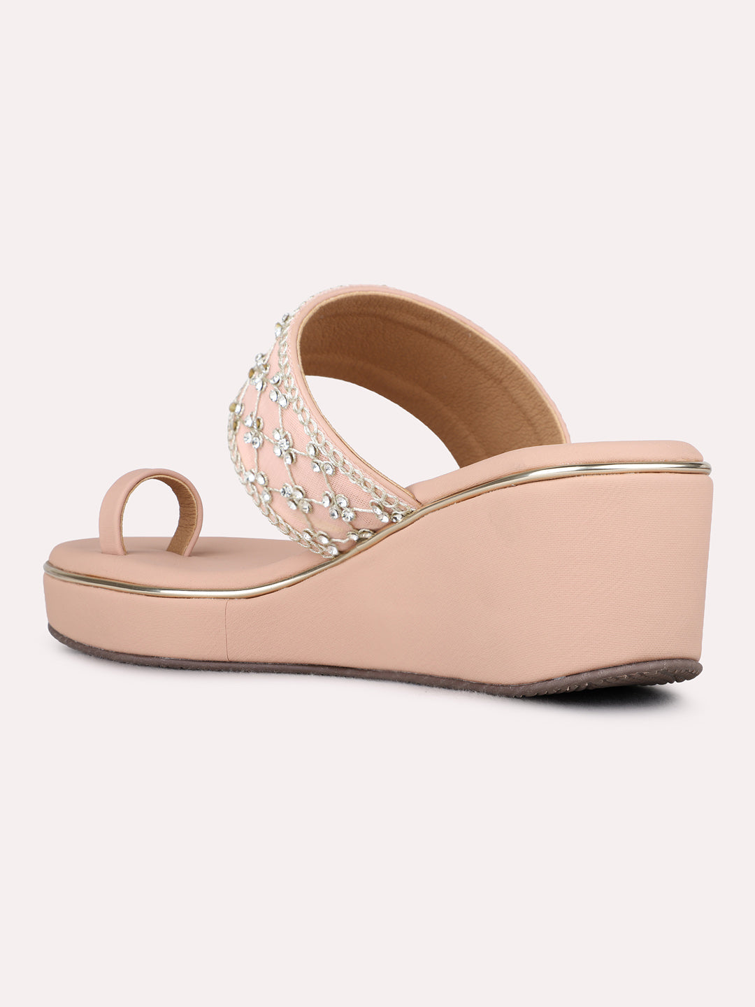 Womens Peach Ethnic Embellished Round Toe Wedge Heel Sandals