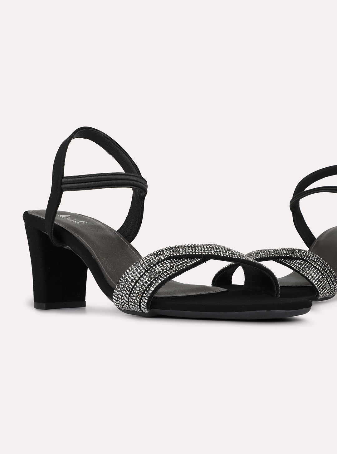 Womens Black Party Wear Embellished Round Toe Block Heels