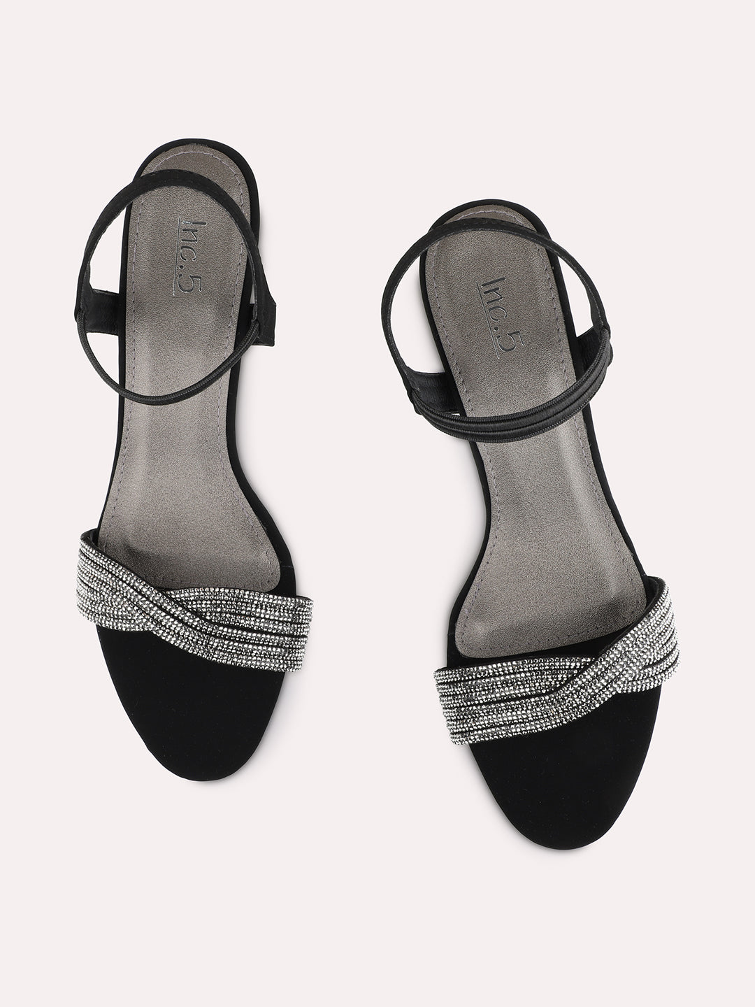 Womens Black Party Wear Embellished Round Toe Block Heels