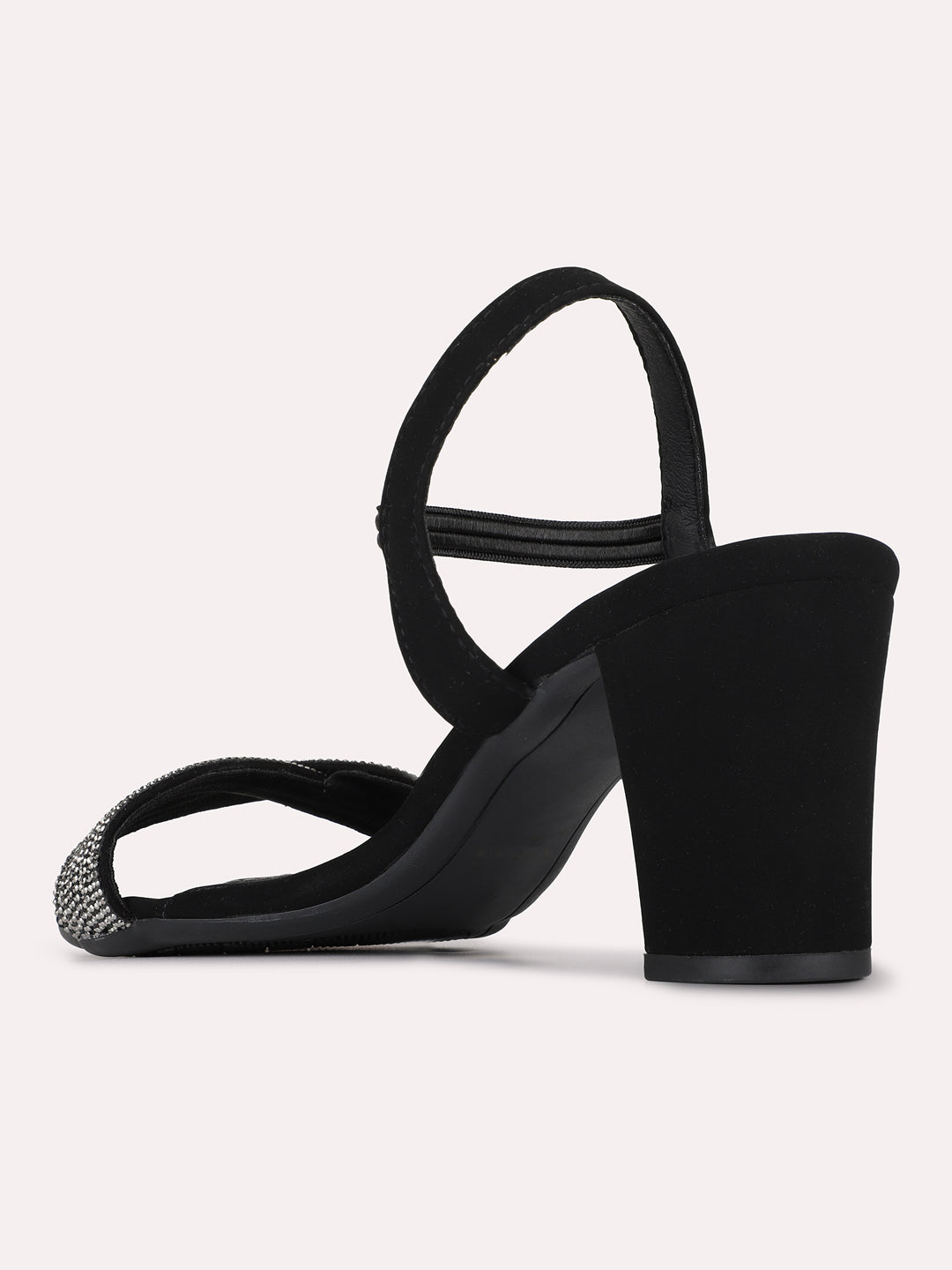 Womens Black Party Wear Embellished Round Toe Block Heels