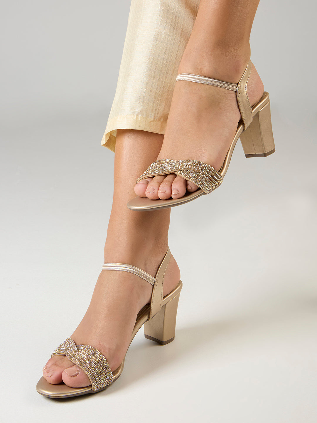 Womens Golden Ethnic Embellished Round Toe Block Heels