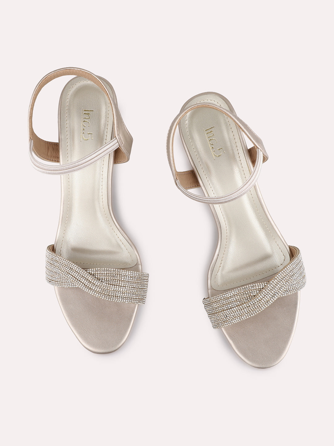Womens Golden Ethnic Embellished Round Toe Block Heels