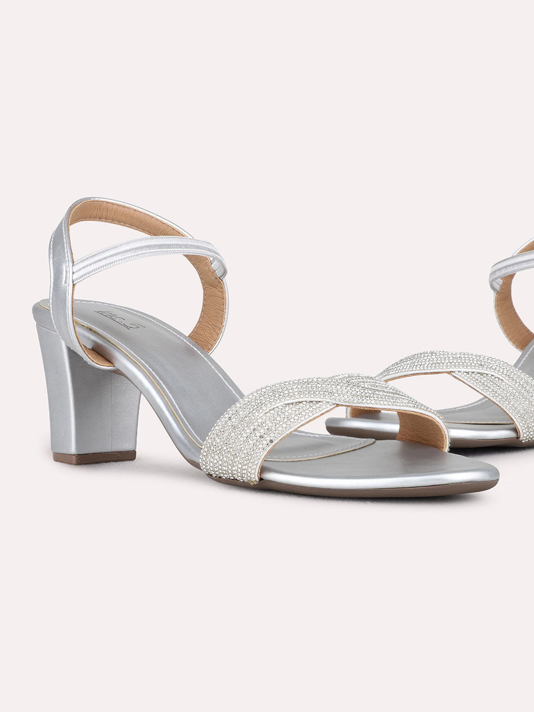 Womens Silver Ethnic Embellished Round Toe Block Heels