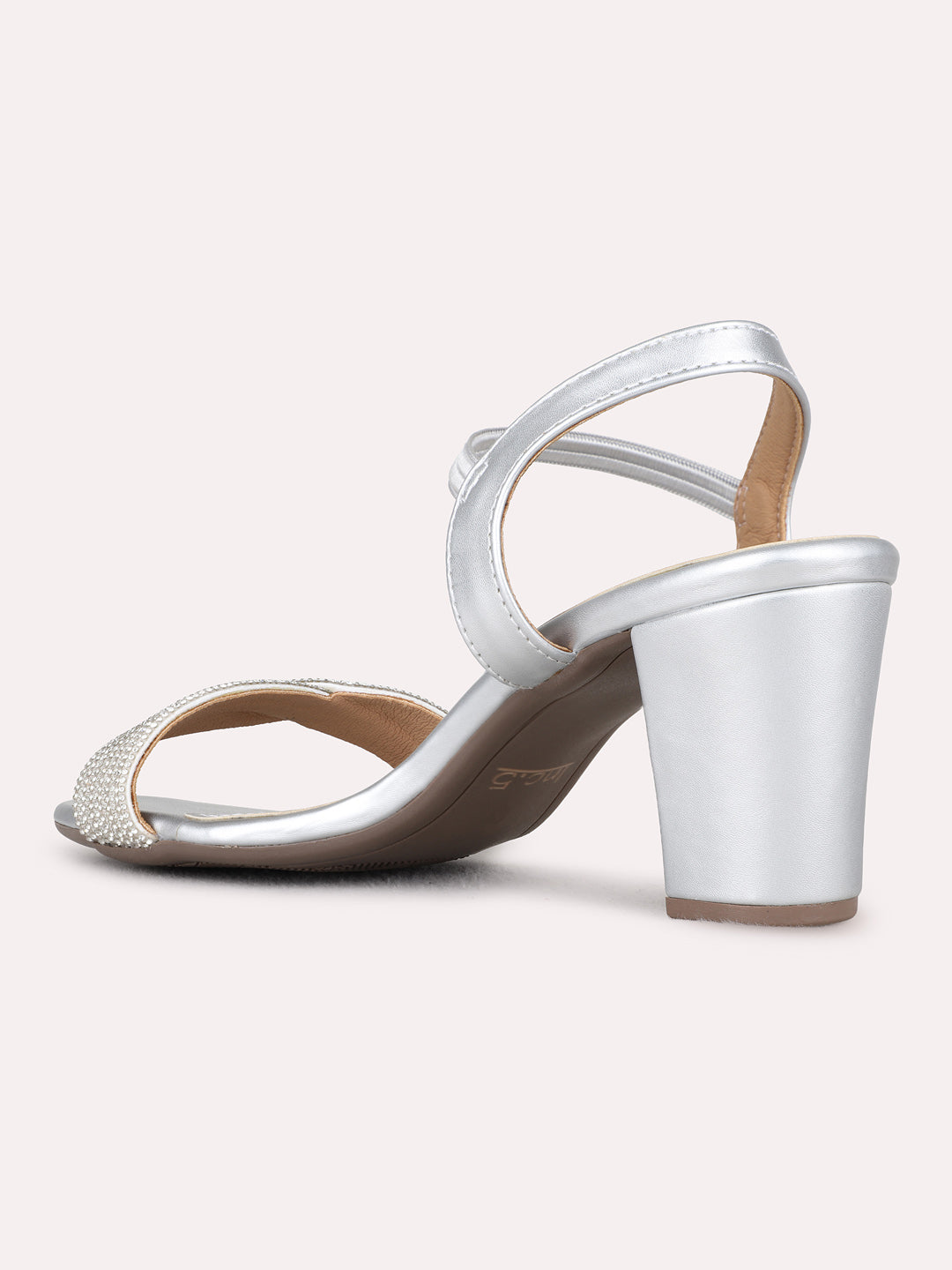 Womens Silver Ethnic Embellished Round Toe Block Heels