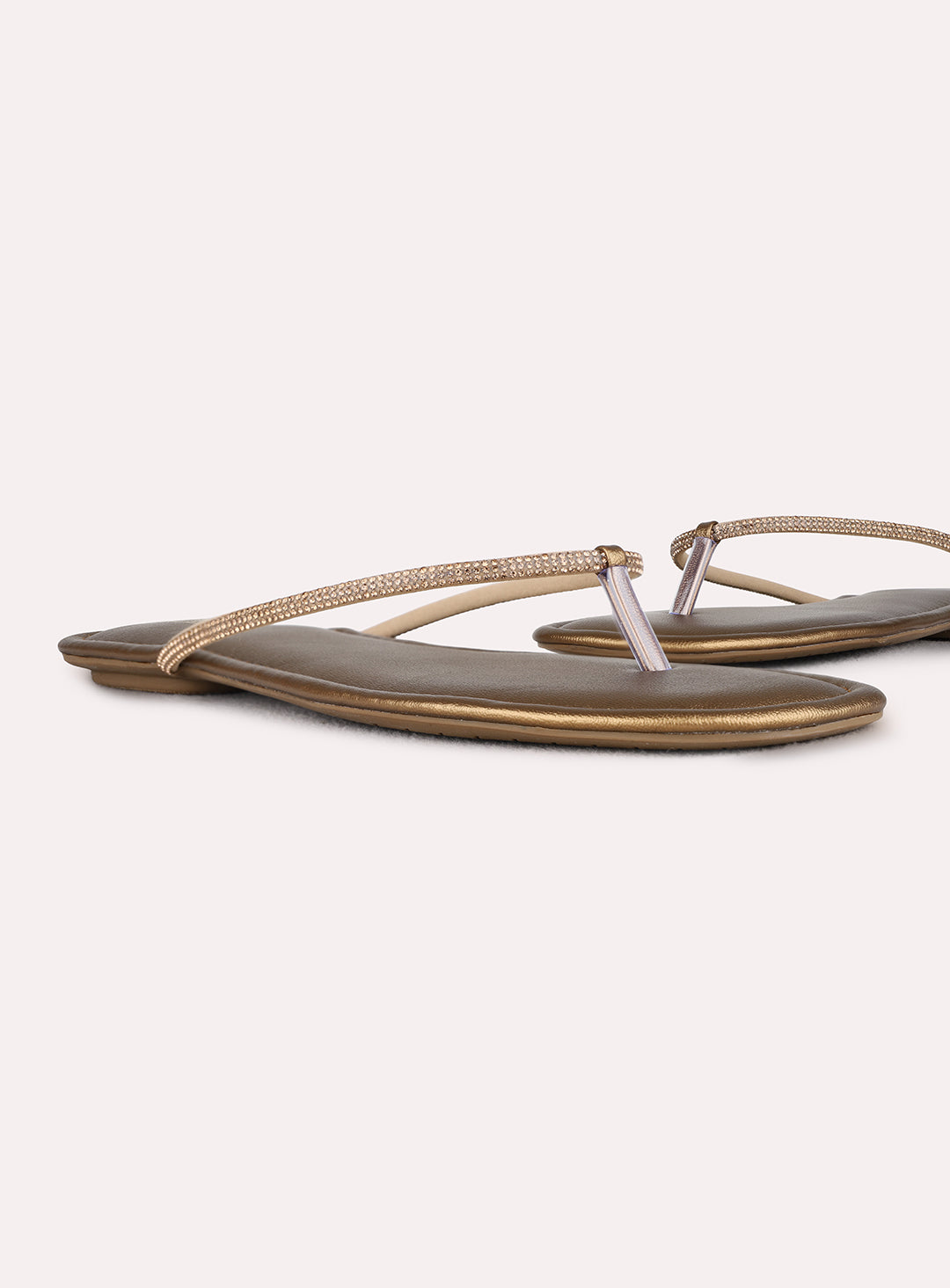 Womens Golden Casual Embellished T-Strap Flats